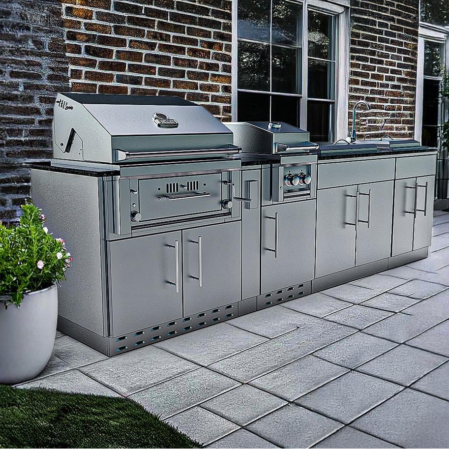 Sunstone Grills SCPALAMO10-LP Alamo 10 Ft Outdoor Kitchen Island w/ Propane Grill & Side Burner, Sink, Door & Drawer - Angled On Patio - Lifestyle thumbnail