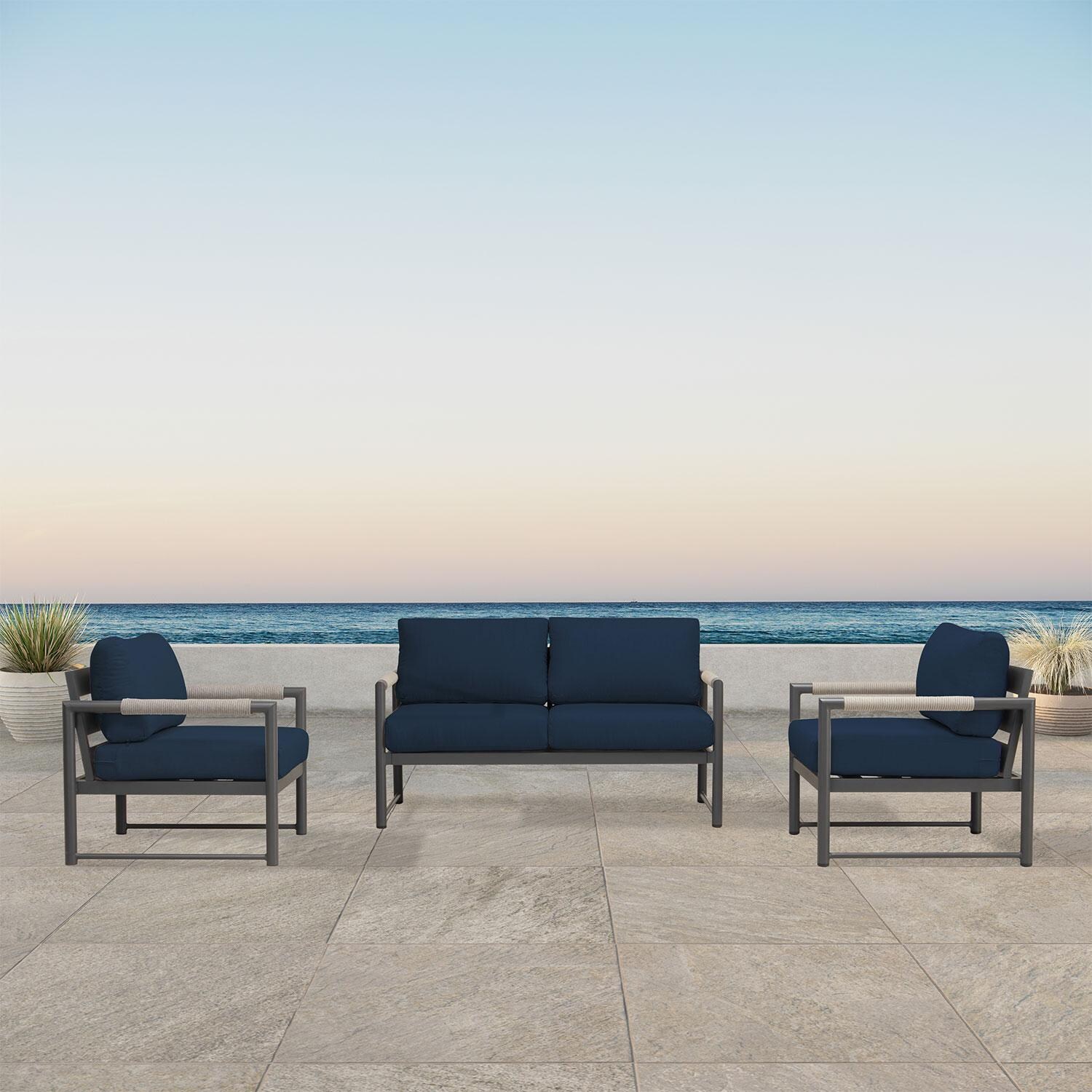 Lakeview AVEBAY-SL-PG-SET120-IN Avenue Bay Slate/Pebble Gray 3 Pc Loveseat Set - Spectrum Indigo - On Patio - Lifestyle thumbnail