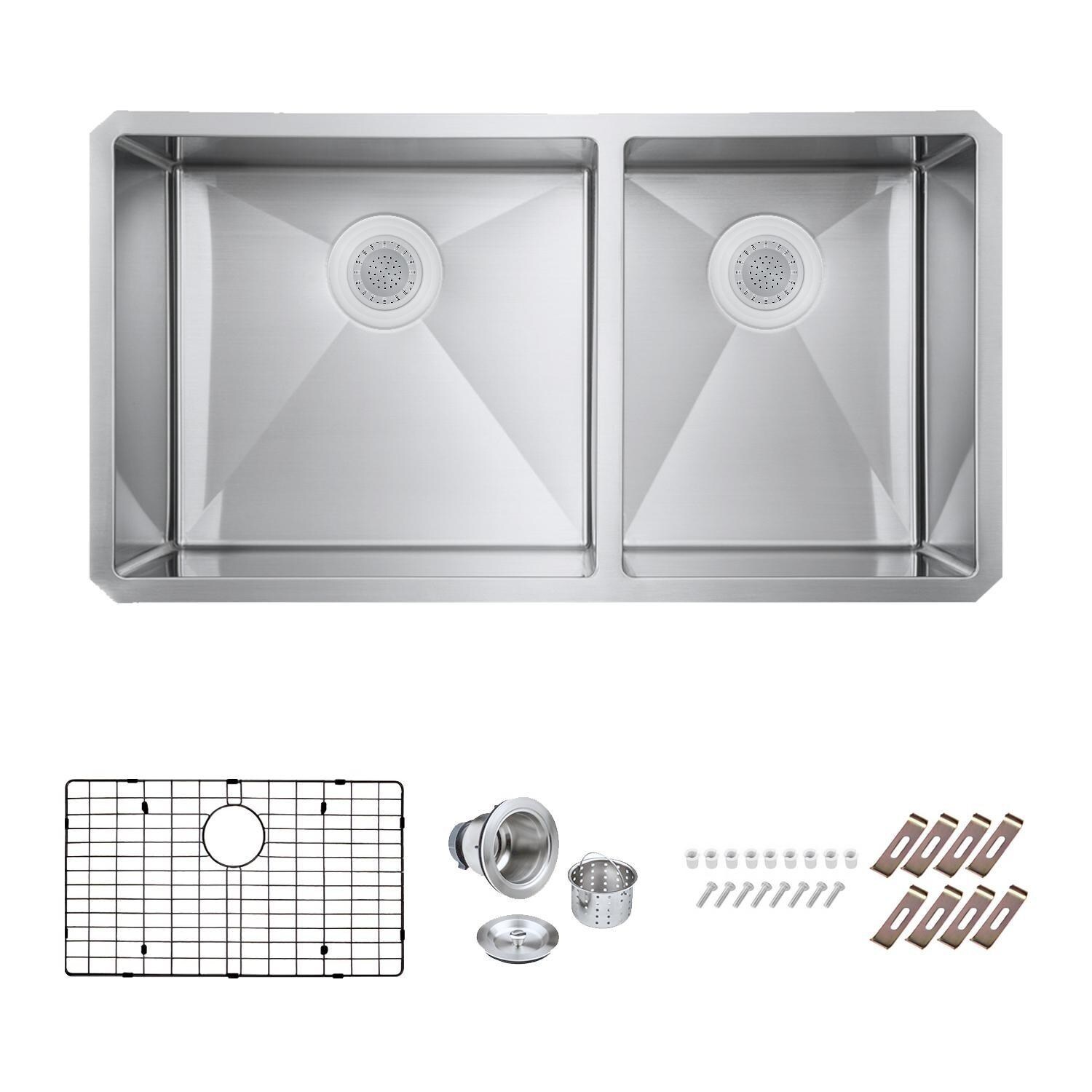 BBQGuys Signature Undermount Stainless Steel 36-Inch 60/40 Double Bowl Sink W/Grids and Strainer - White Background thumbnail