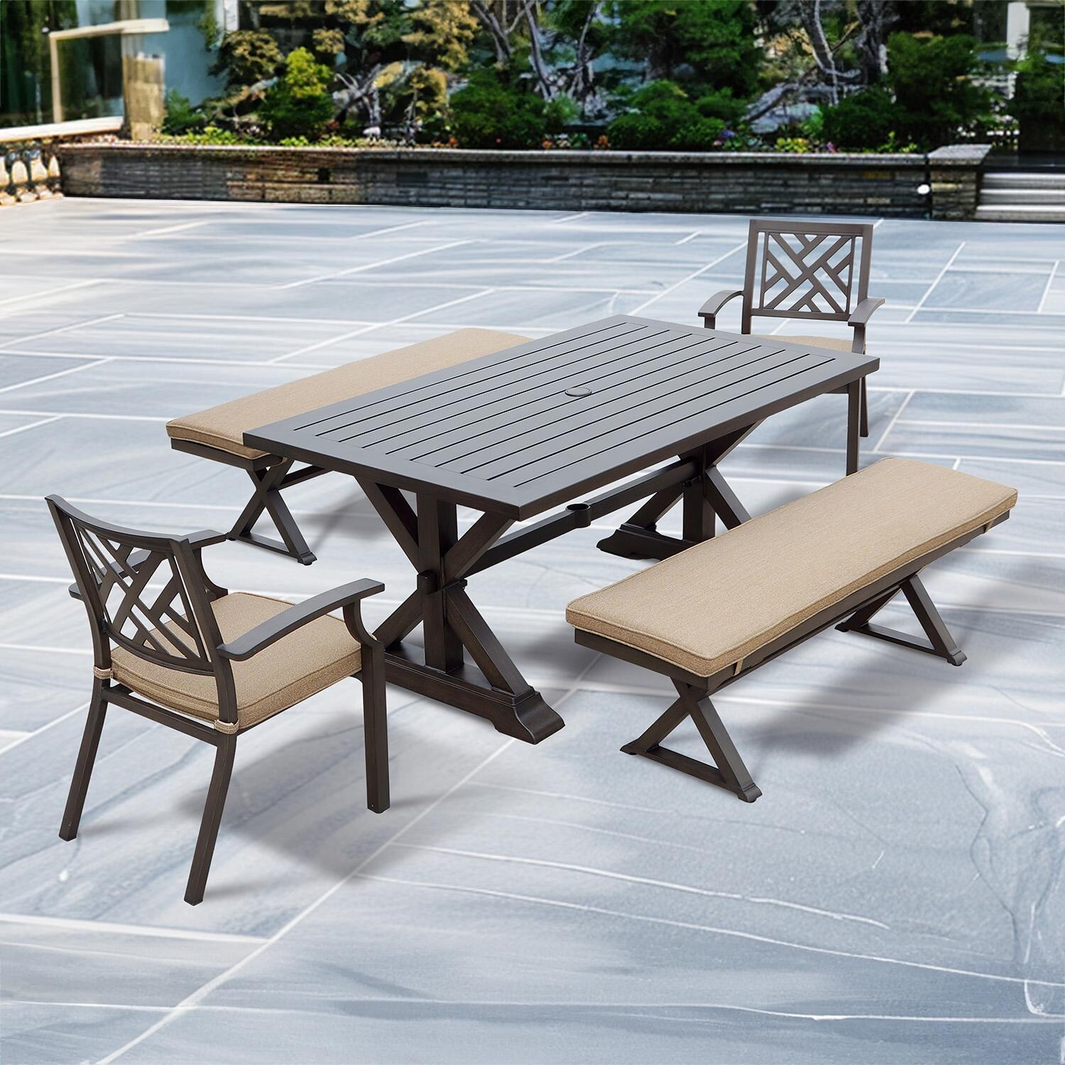 Brooklyn 5 Pc Aluminum Dining Set w/ 67 X 39 Inch Table w/ Benches & 2 Arm Chairs in Multi Brown/Sesame by Darlee