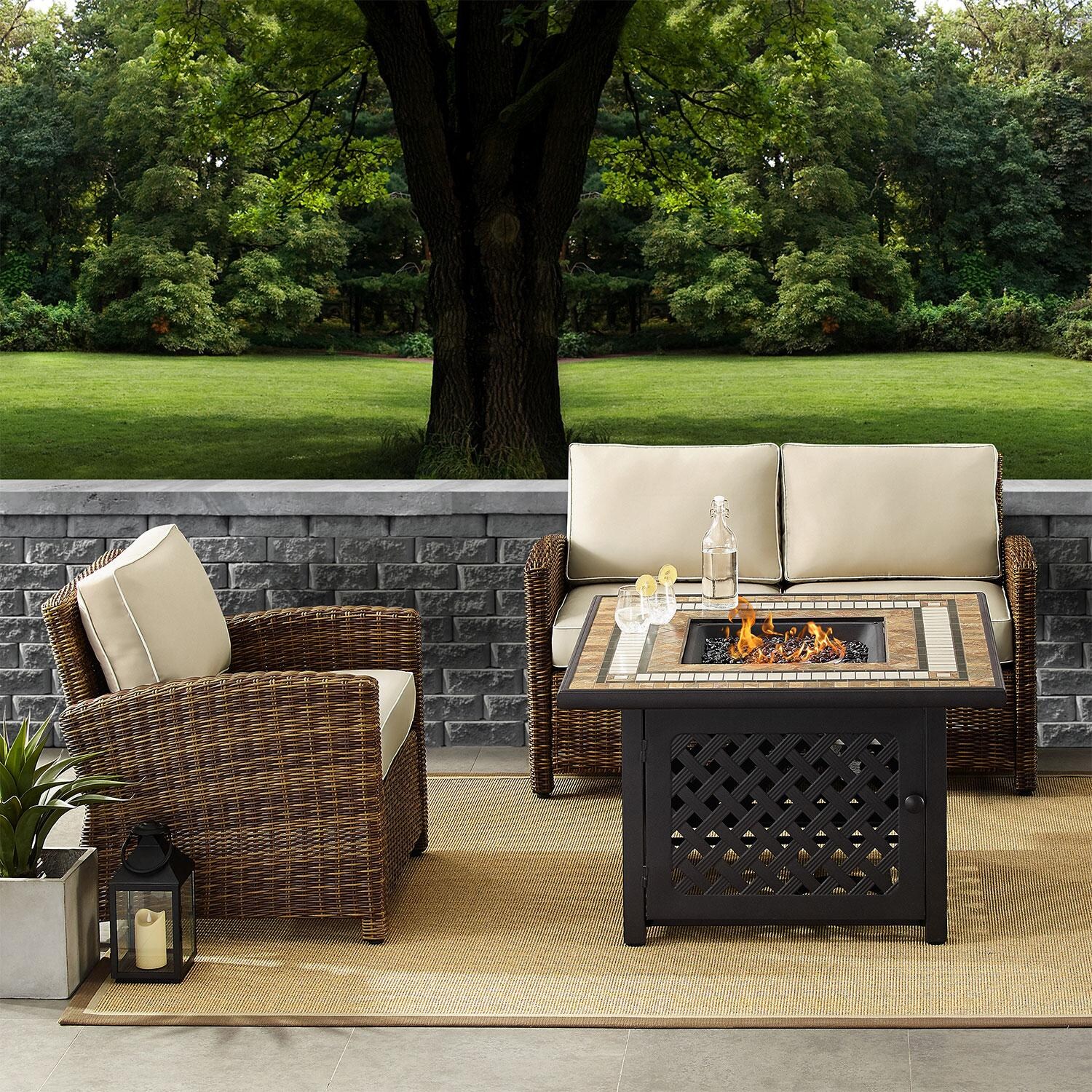 Ultimate Patio UP-92394-SA 3Pc Wicker Outdoor Loveseat Set in Sand - On Patio W/ Fire Table On - Lifestyle thumbnail