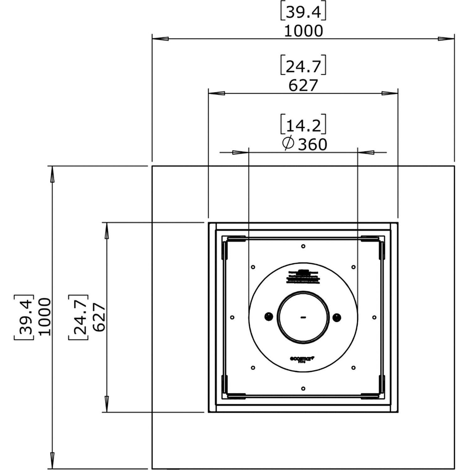 EcoSmart Fire ESF.O.BAS.40.NF Base 40 Inch Stainless Steel Burner Square Teak Ethanol Fire Pit Table in Natural Teak - Line Drawing From Above - Dimensional thumbnail