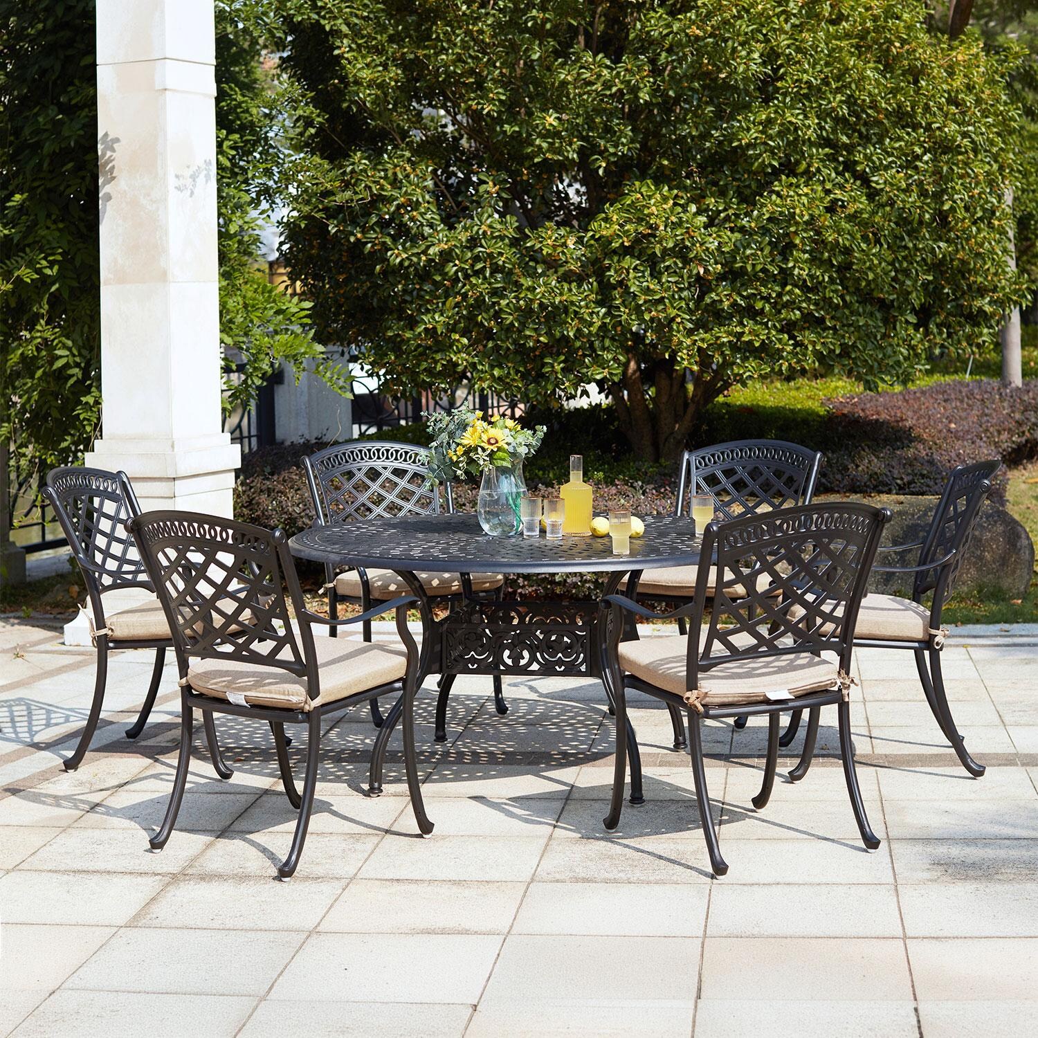 Darlee 201030-7PC-60D Sedona 7 Piece Cast Aluminum Patio Dining Set W/ 60 Inch Round Table & Beige Canvas Cushions thumbnail