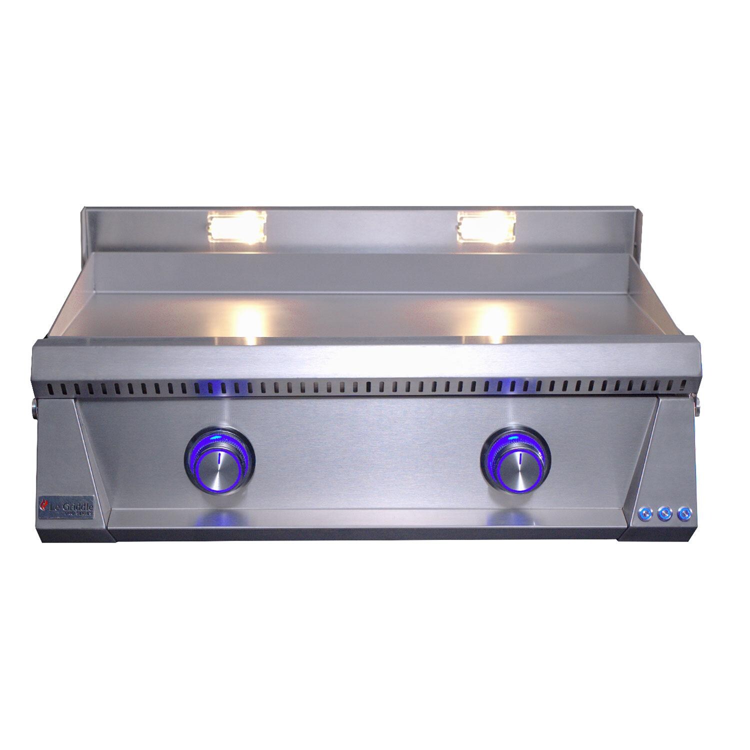 Le Griddle OML75P3 LP Pro Series 75 2 Burner Built-In Propane Flat Top Grill w/ 3mm Plate - Blue LED Knobs Indicates Control Valve OFF - White Background thumbnail