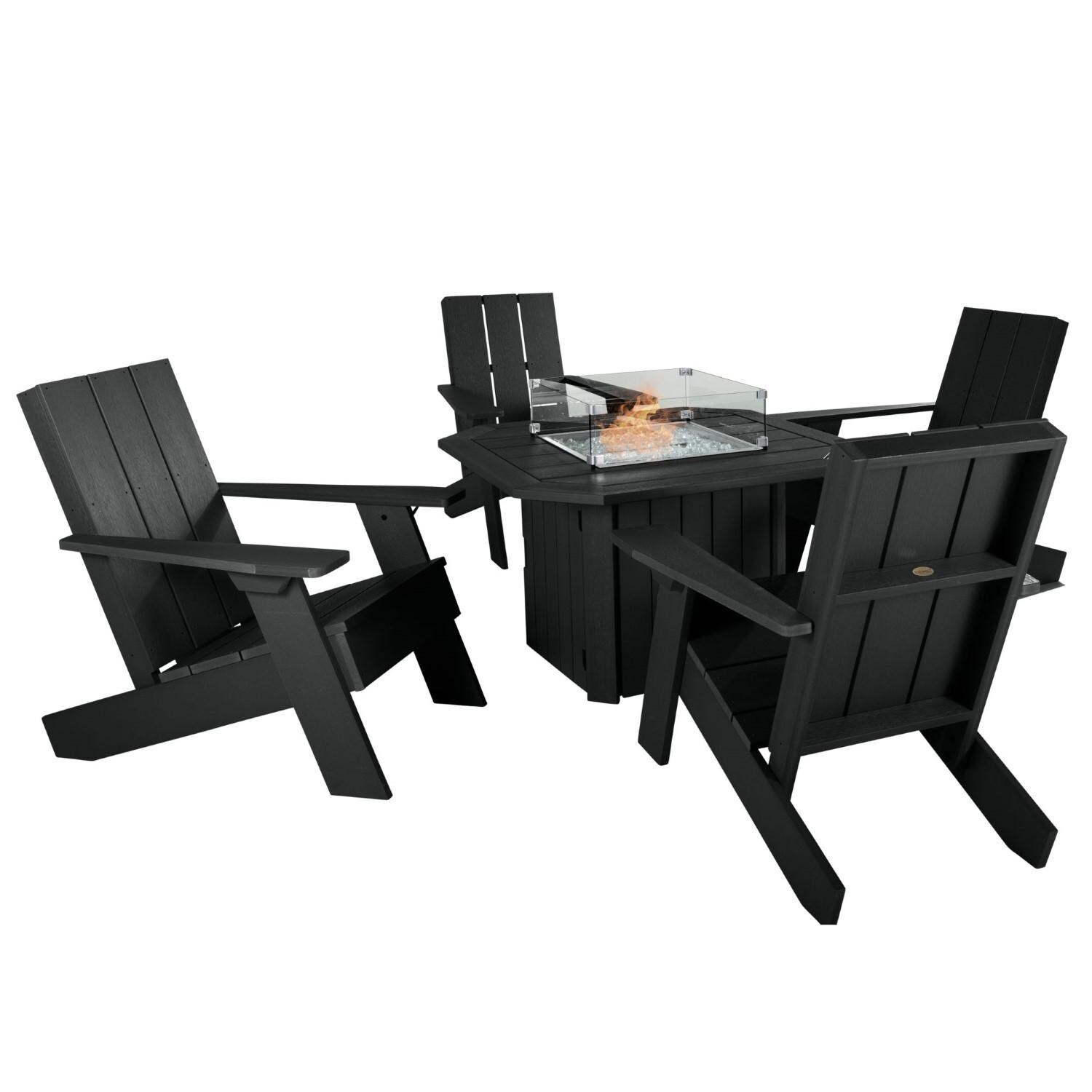 Harborview 5 Pc Adirondack Set W/ Fire Pit Table in Black by Lakeview Outdoor Designs - Seating Circle - White Background thumbnail