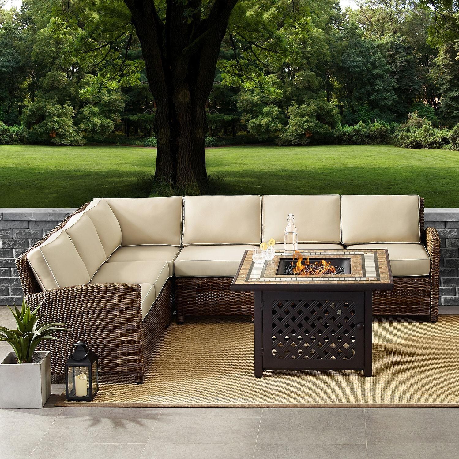 Ultimate Patio UP-92391-SA 5Pc Wicker Outdoor Sectional Set W/ Fire Table in Sand - On Patio W/ Fire Table On - Lifestyle thumbnail