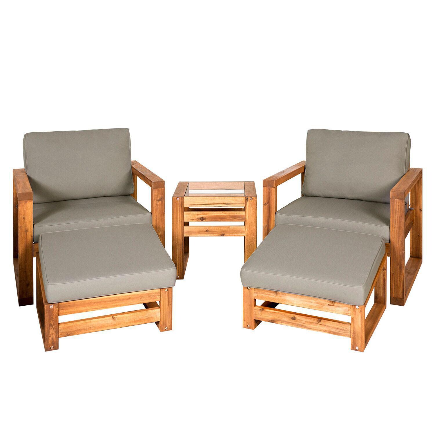 Ultimate Patio Window Bay 5 Piece Acacia Patio Conversation Set W/ Gray Cushions - Front View thumbnail