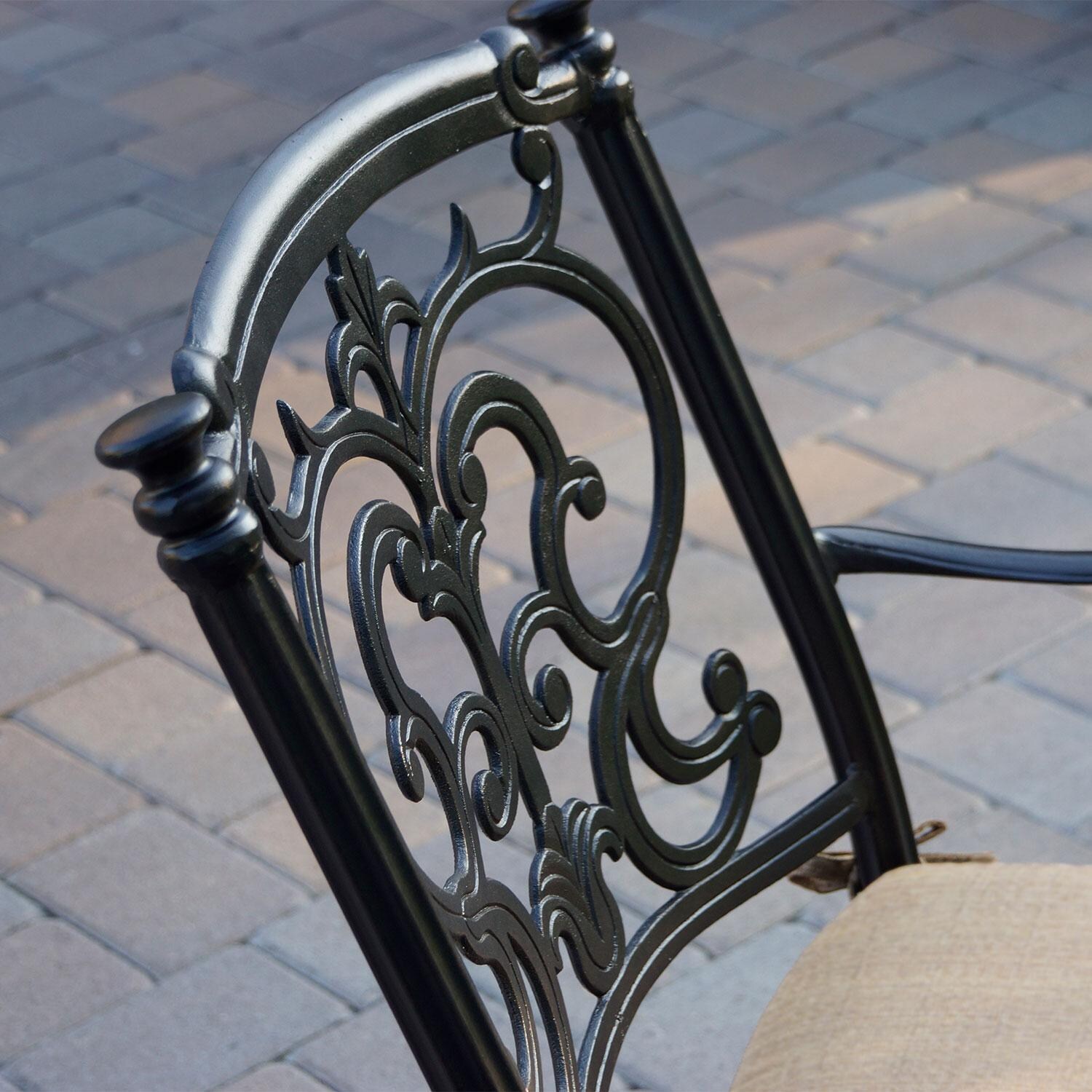 Santa Barbara 3 Pc Cast Aluminum Counter Height Bar Set w/ 30 Inch Round Series 60 Table in Antique Bronze/Beige Canvas by Darlee - Bar Stool - Back Rest - Detail thumbnail
