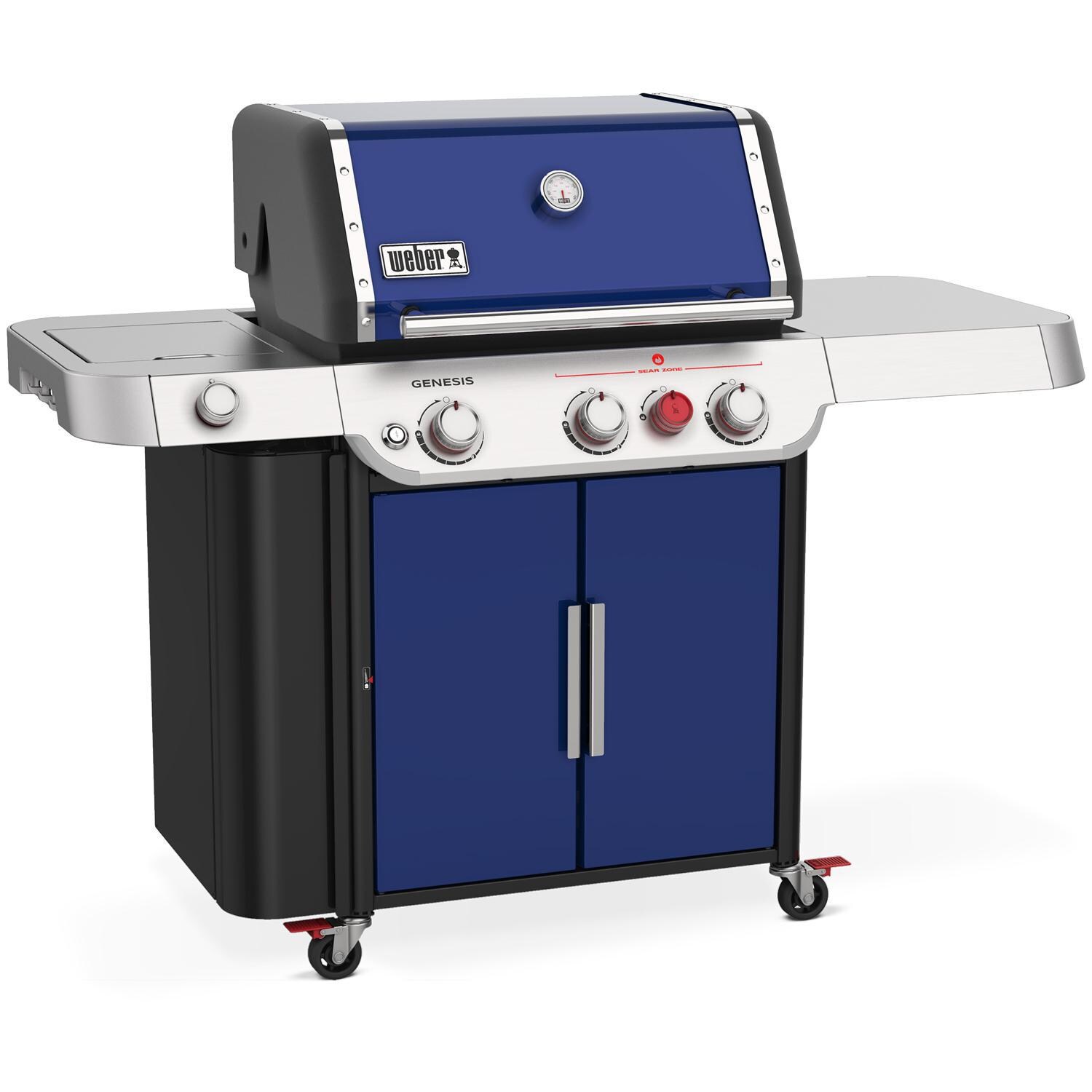 Weber GENESIS 35480001 E-335 Propane Gas Grill with Sear Burner & Side Burner - Deep Ocean Blue - Left-Side Angled View thumbnail