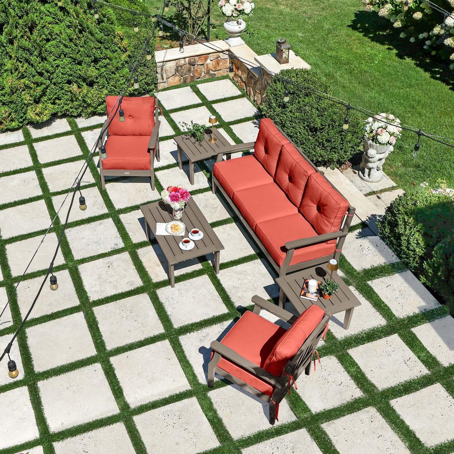 Blushing Bay 6 Pc Recycled Plastic Seating Set w/ Sofa in Canvas Persimmon/Woodland Brown by Lakeview Outdoor Designs - Top View - Lifestyle thumbnail