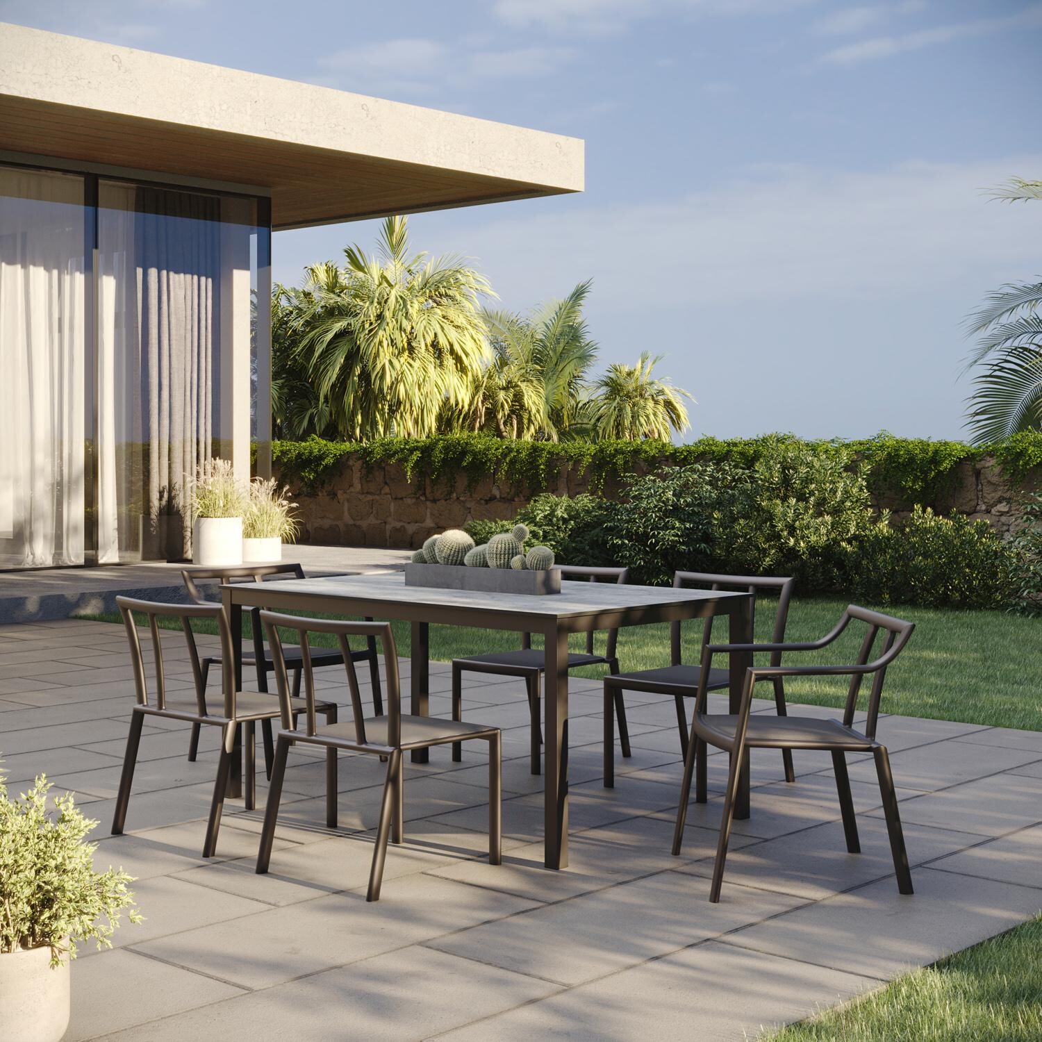 Markoe 7 Pc Aluminum Dining Set W/ Skyline HPL Table Top in Carbon/Ninja By Oxford Garden