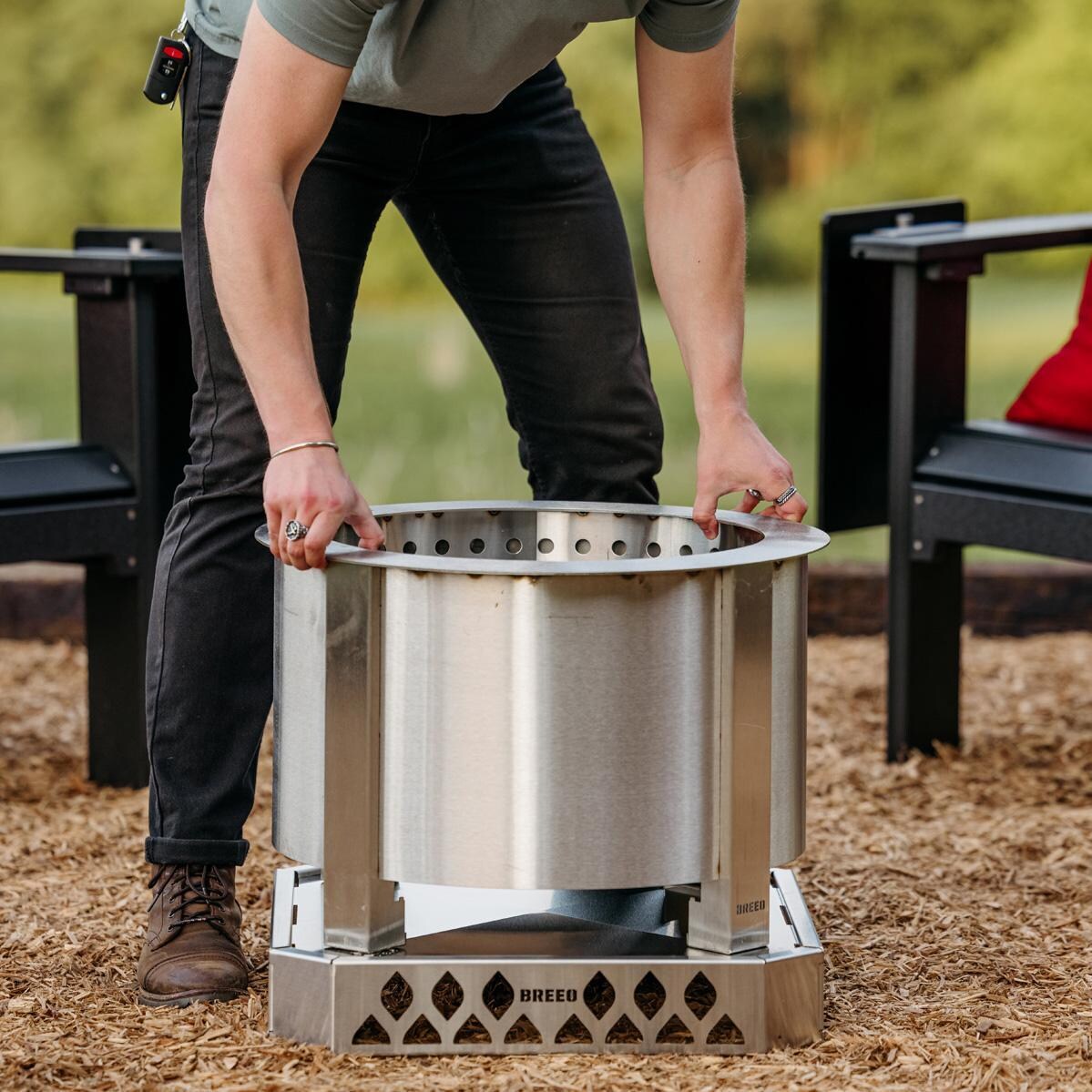 Breeo BR-XS19-SSBA X Series 19 Inch Stainless Steel Fire Pit Base - Setting Up - Lifestyle thumbnail