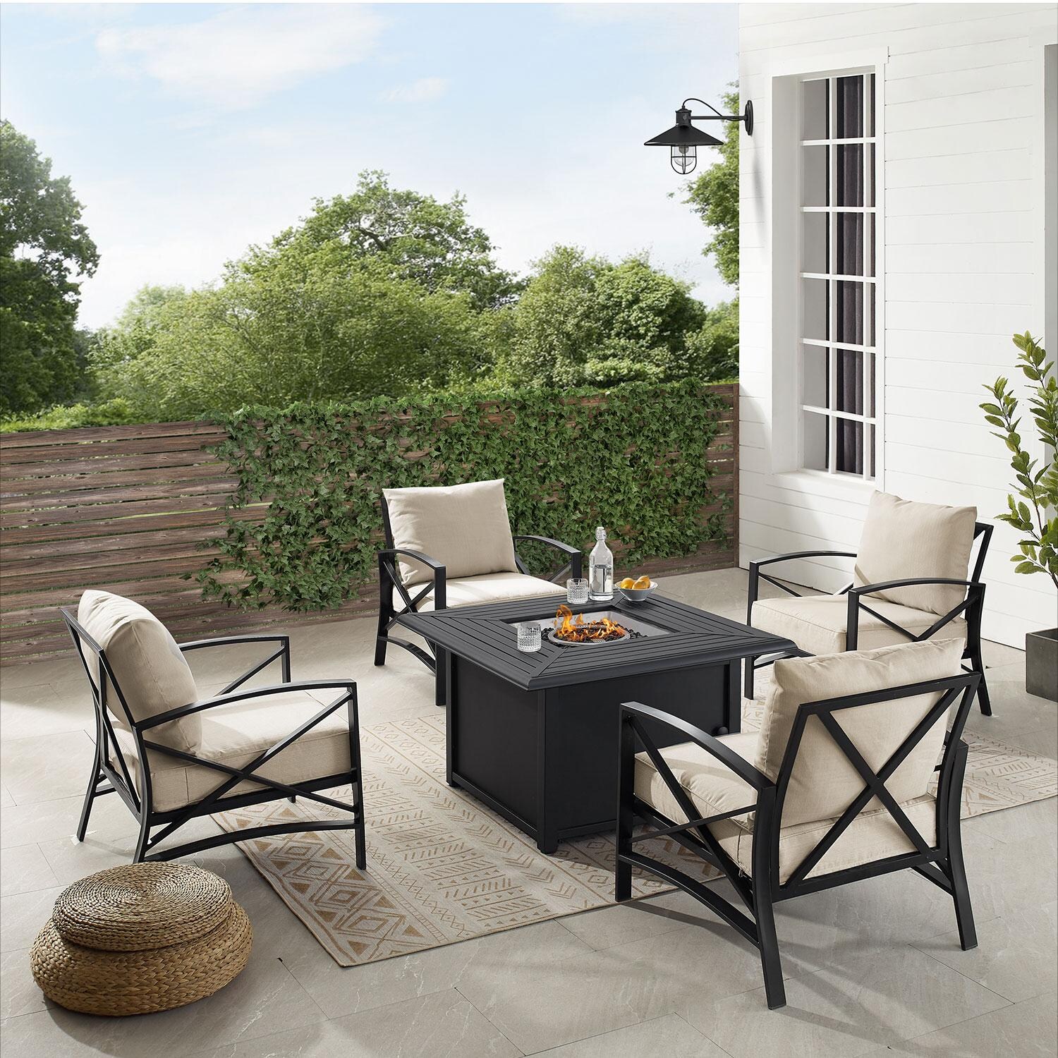 Ultimate Patio UP-82268BZ-OL 5Pc Outdoor Chair Set W/ Fire Table in Oatmeal - On Patio W/ Fire Table On - Lifestyle thumbnail