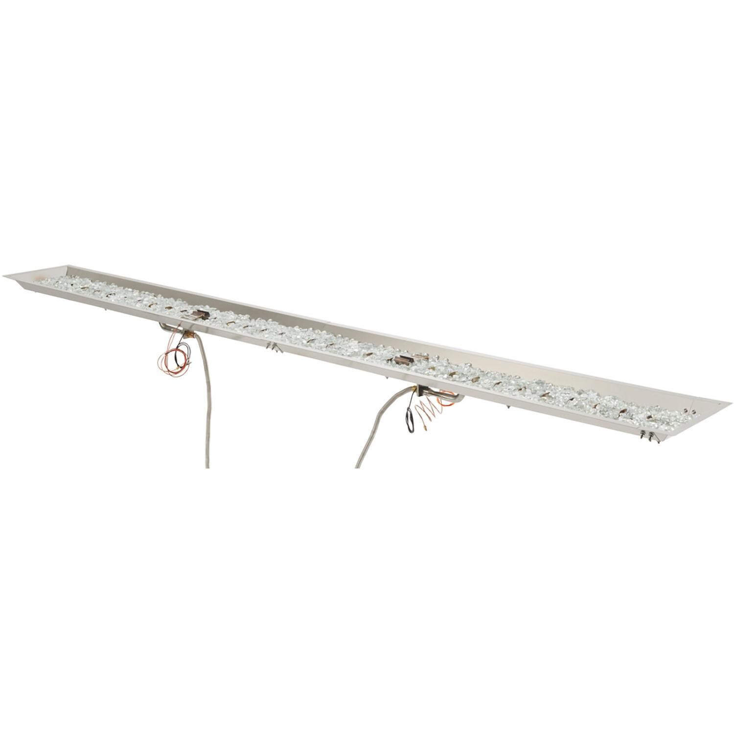 The Outdoor GreatRoom Company CFP12108DSING Crystal Fire Plus 108 Inch Drop-In Linear 180,000 BTU Natural Gas Fire Pit Burner Kit w/ Direct Spark Ignition - Stainless Steel - With Glass - White Background thumbnail