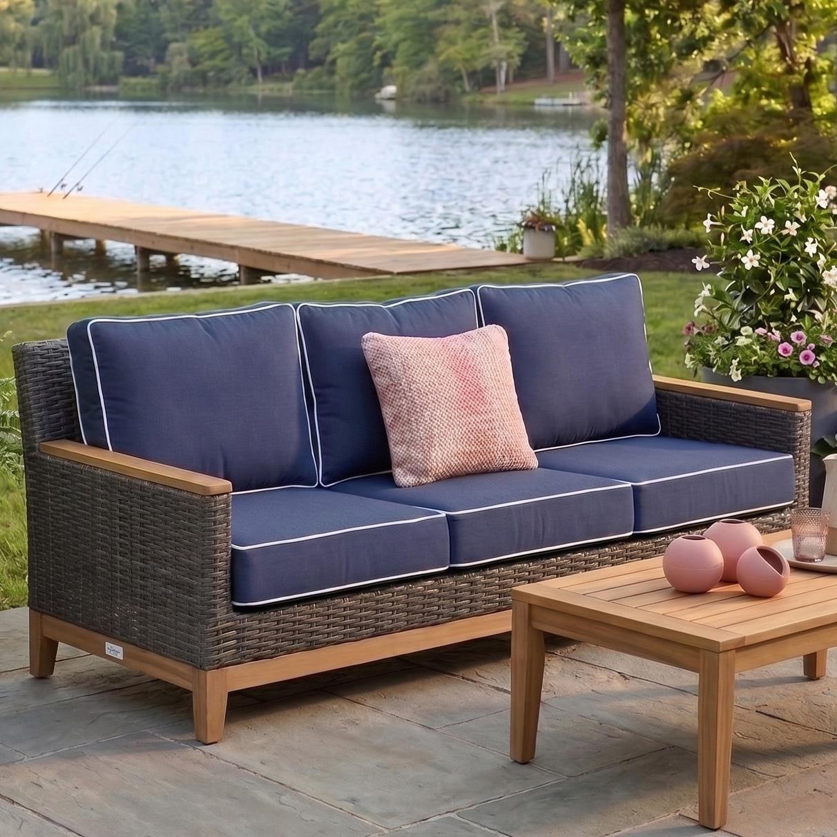 Royal Teak Collection BOCA3S-N Boca 3 Person Wicker Sofa w/ Sunbrella Cushions in Gray/Navy w/ White Piping - On Patio - Lifestyle thumbnail