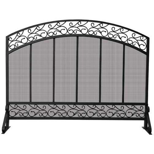 UniFlame 44 Inch Black Wrought Iron Single Panel Fireplace Screen With Hammered Copper Top Trim