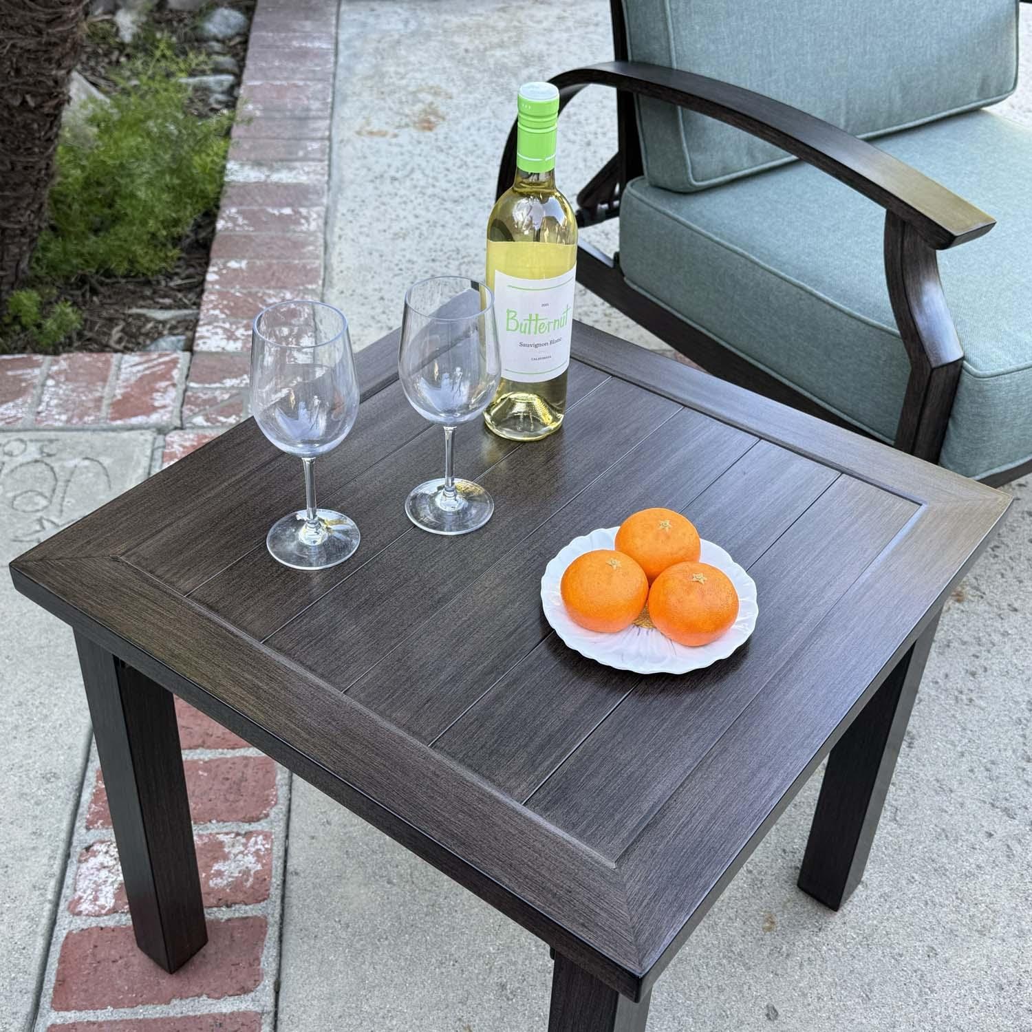 Atlantis 5 Pc Aluminum Seating Set in Walnut/Spa by Darlee - Close Up - Lifestyle thumbnail