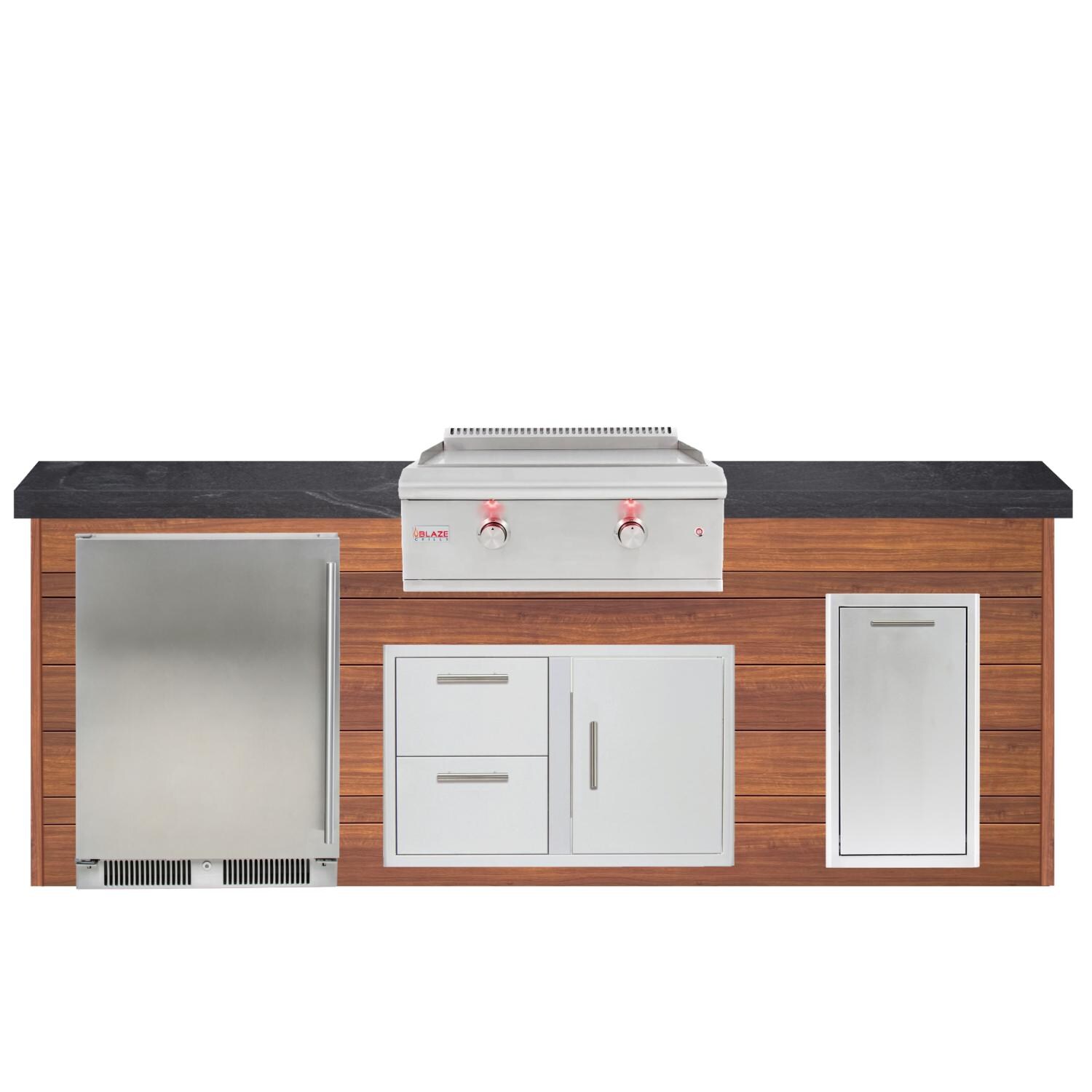 BBQGuys Signature 8ft Luxury Outdoor Island W/ Blaze Premium LTE 30-Inch Propane Griddle & Outdoor Rated Refrigerator - Light National Walnut Aluminum W/ Black Polished Granite thumbnail