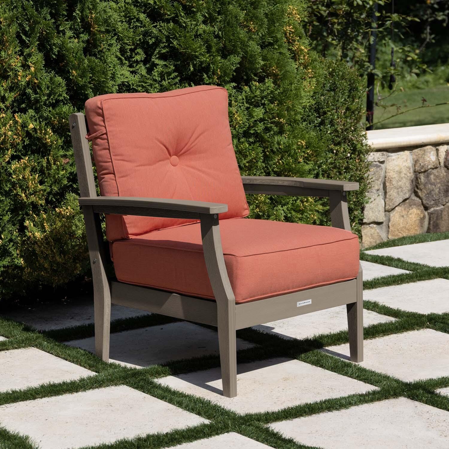 Blushing Bay Recycled Plastic Club Chair in Canvas Persimmon/Woodland Brown by Lakeview Outdoor Designs - On Patio - Lifestyle thumbnail