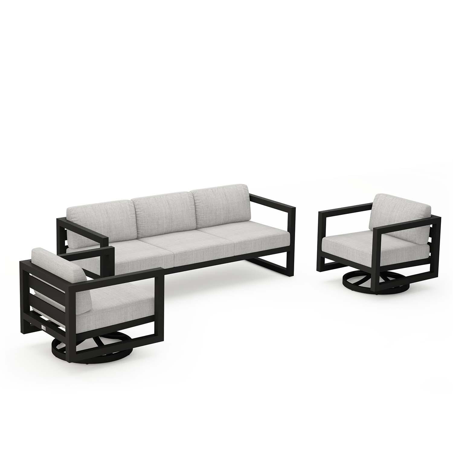 Misty Cove 3 Pc Aluminum Sofa Seating Set w/ Swivel Chairs in Black/Cast Silver by Lakeview Outdoor Designs - Angled - White Background thumbnail