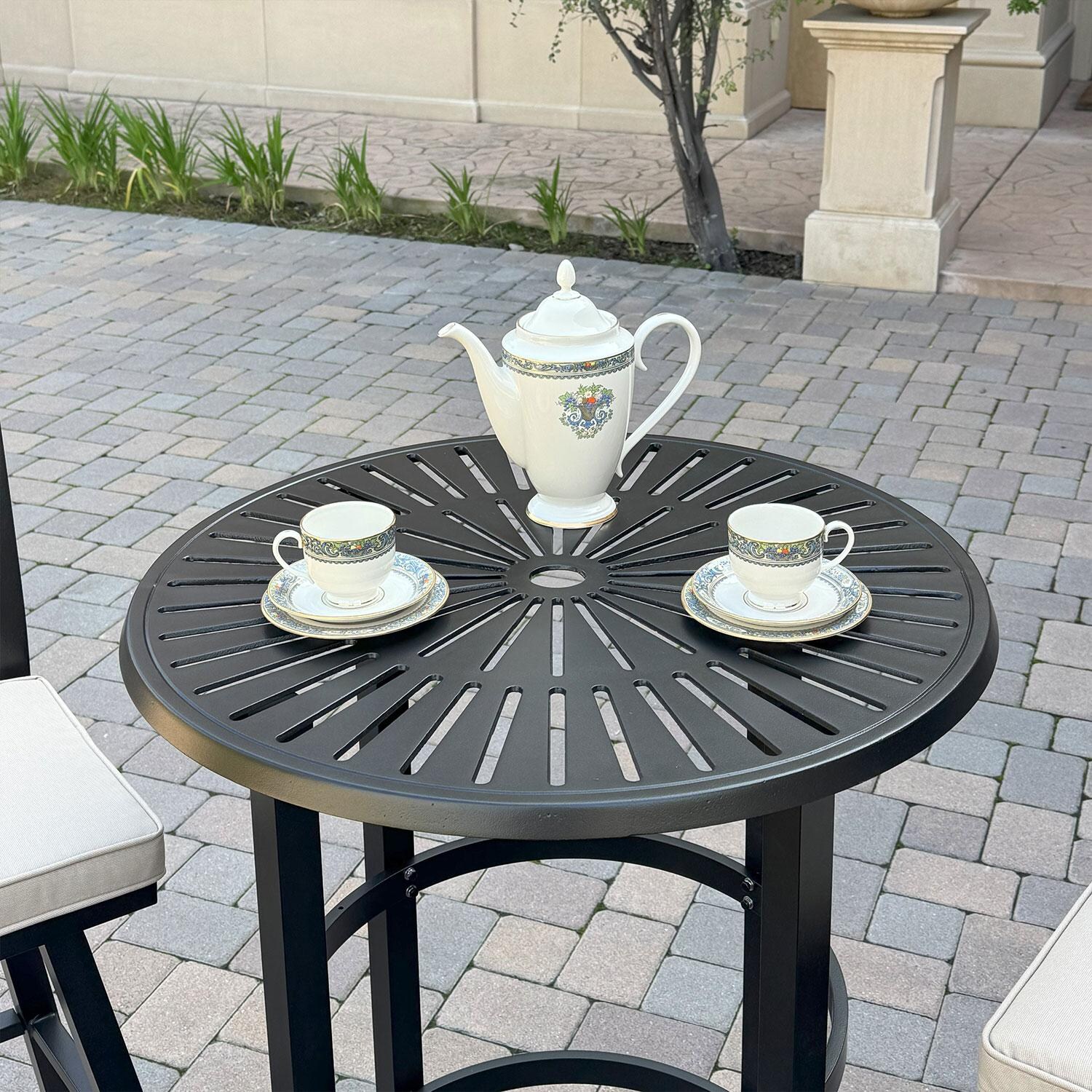 Aspen Aluminum 3 Pc Patio Bar Set w/ 30-in Round Bar Table in Beige by Darlee - Decorations on Bar Table - Lifestyle thumbnail