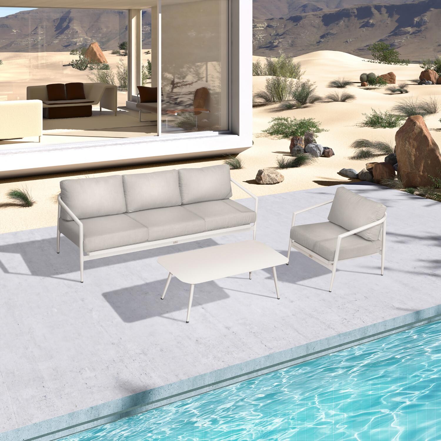 Lakeview Midnight Cove 3 Pc Aluminum Sofa Seating Set in Urban Stone/Carrera/Cast Silver - Top - Lifestyle thumbnail