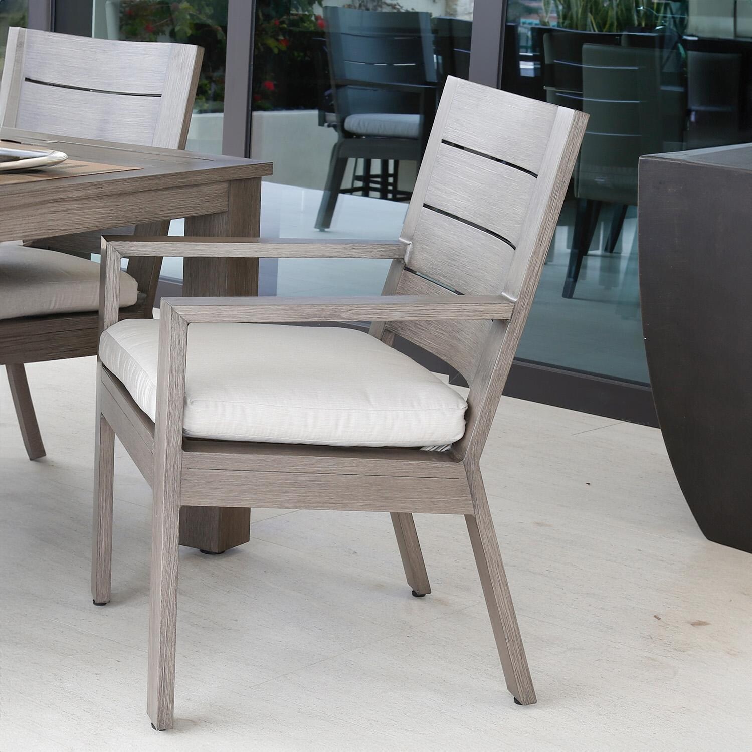 Laguna 4 Piece Aluminum Patio Dining Arm Chair Set W/ Sunbrella Canvas Flax Cushions By Sunset West - Chair - Lifestyle thumbnail