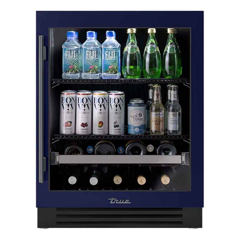 True TUBADA-24-RG-A~078-H05 ADA Height 24 Inch 105 Can 12 Bottle Right Hinge Glass Door Outdoor Beverage Center - Cobalt w/ Pewter Handle - White Background thumbnail