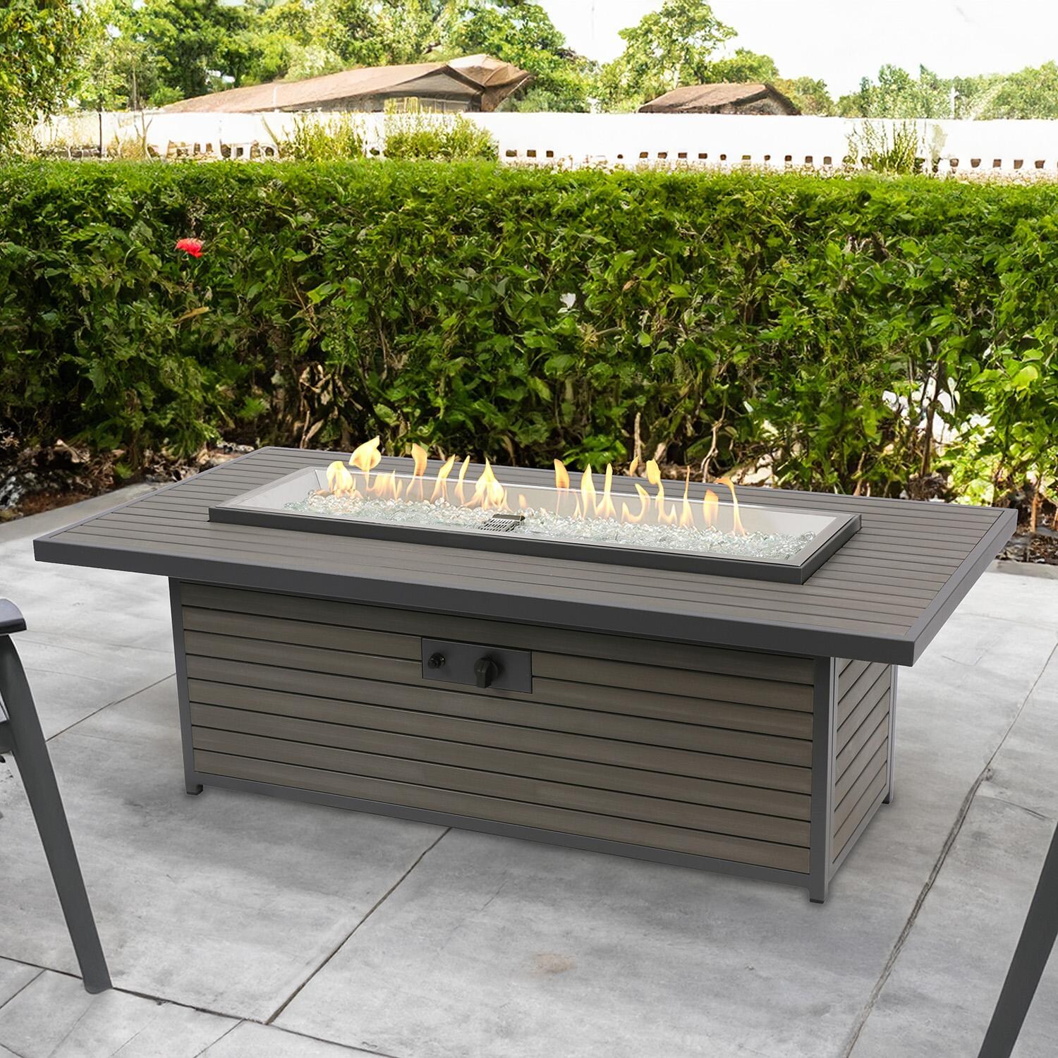 Revere 61-in Linear Natural Gas Fire Pit Table in Taupe by Lakeview Outdoor Designs (Ships Propane w/ Conversion Kit) - On Patio - Lifestyle thumbnail