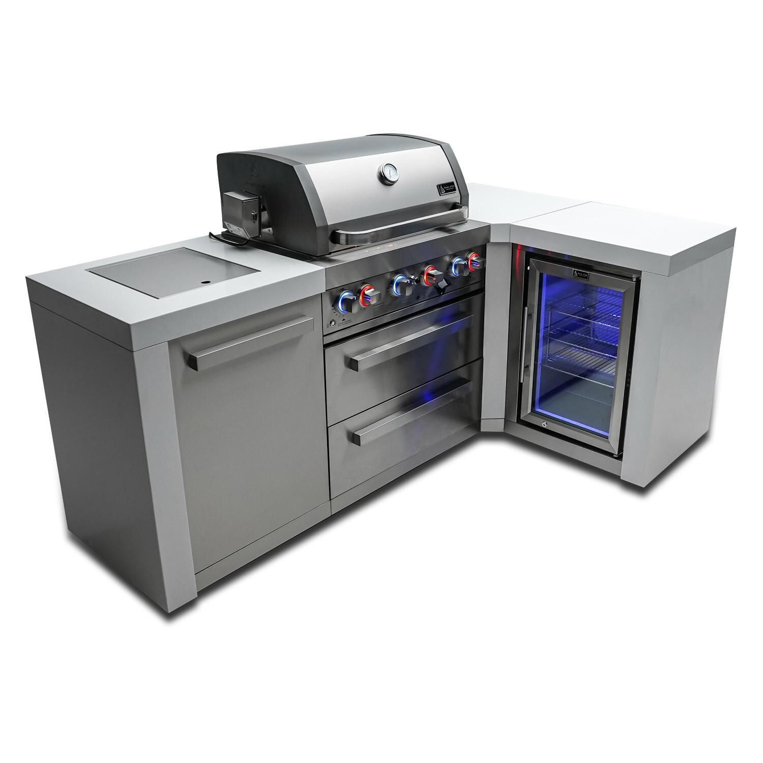 Mont Alpi - MAi400-D90FC - Deluxe 90 Degree Propane Gas Island Grill W/ Refrigerator Cabinet, Infrared Side Burner, & Rotisserie Kit - Closed Burners On Angled - White Background thumbnail