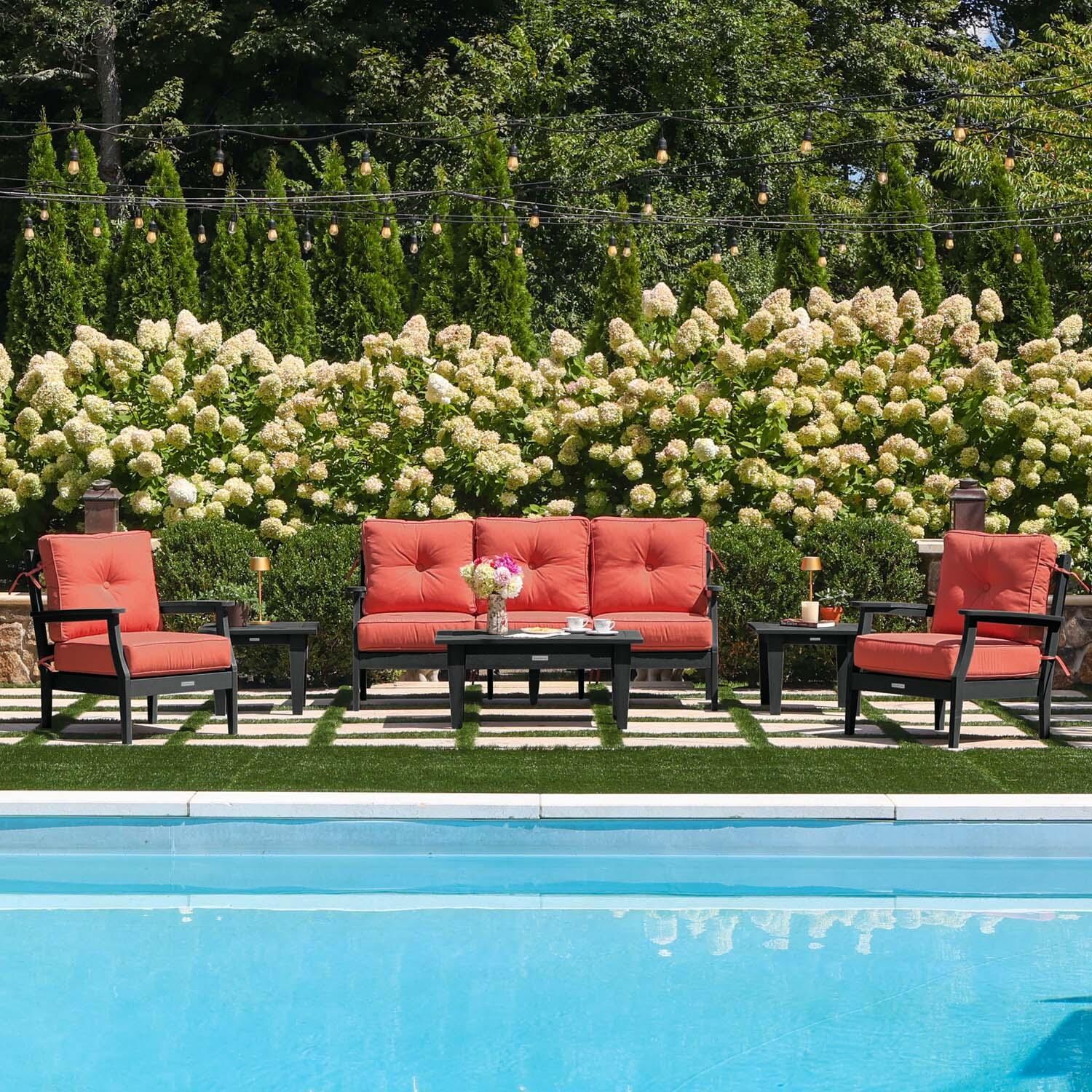Blushing Bay 6 Pc Recycled Plastic Seating Set w/ Sofa in Canvas Persimmon/Black by Lakeview Outdoor Designs - By the Pool - Lifestyle thumbnail