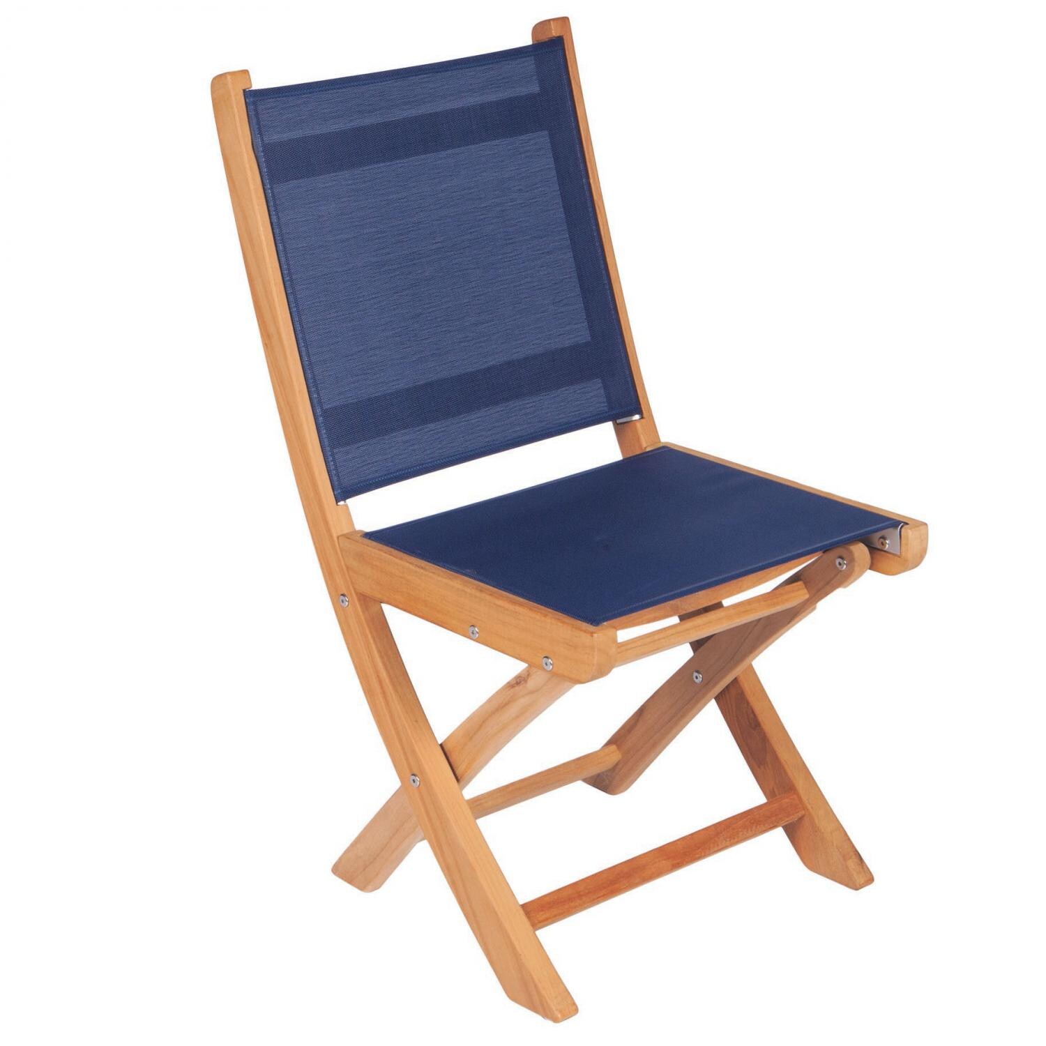 Sailmate Folding Teak Patio Dining Side Chair W/ Navy Sling By Royal Teak Collection