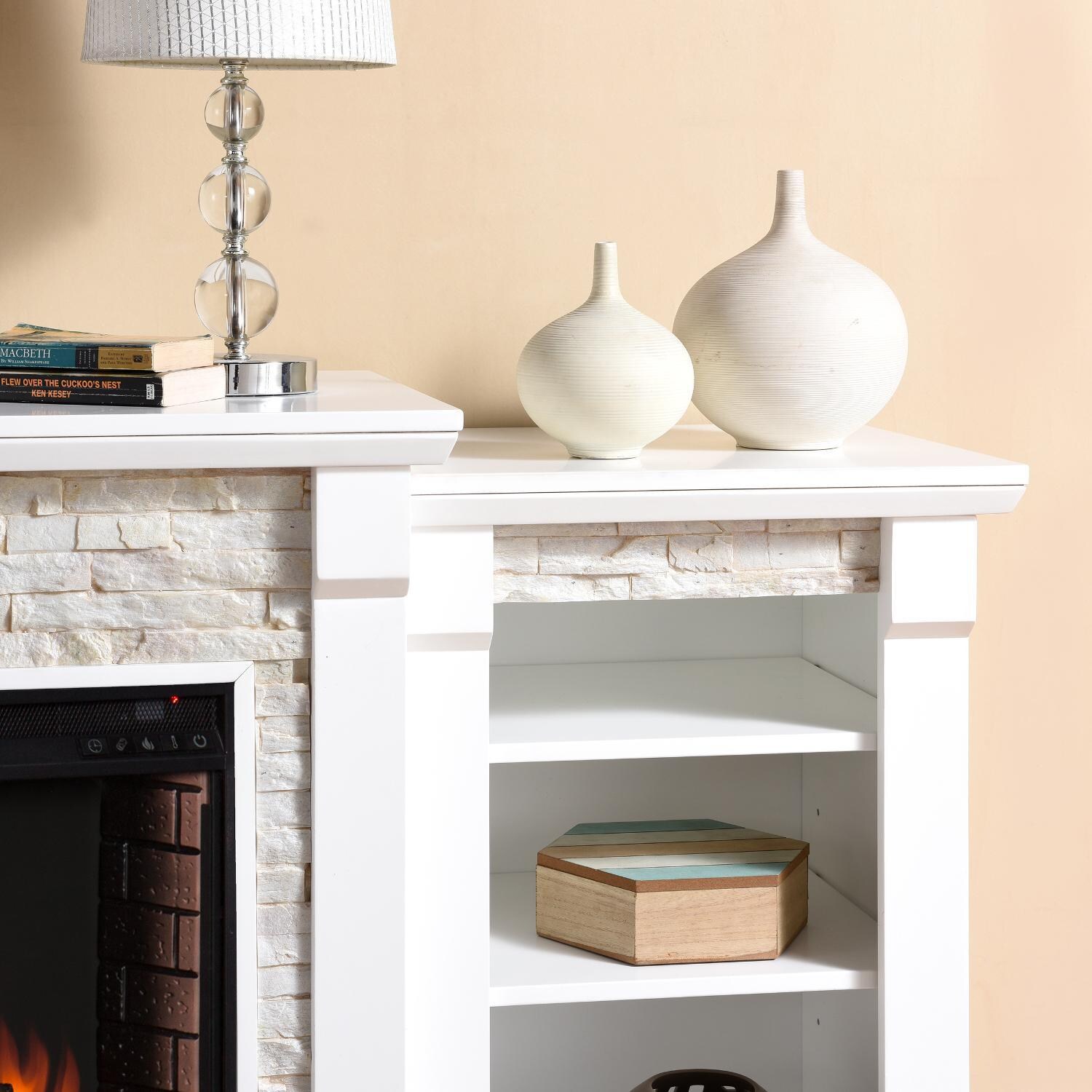 Southern Enterprises Gallatin 71-Inch Electric Fireplace W/ Bookcases - White W/ White Faux Stone - FE8526 - Mantel Detail thumbnail