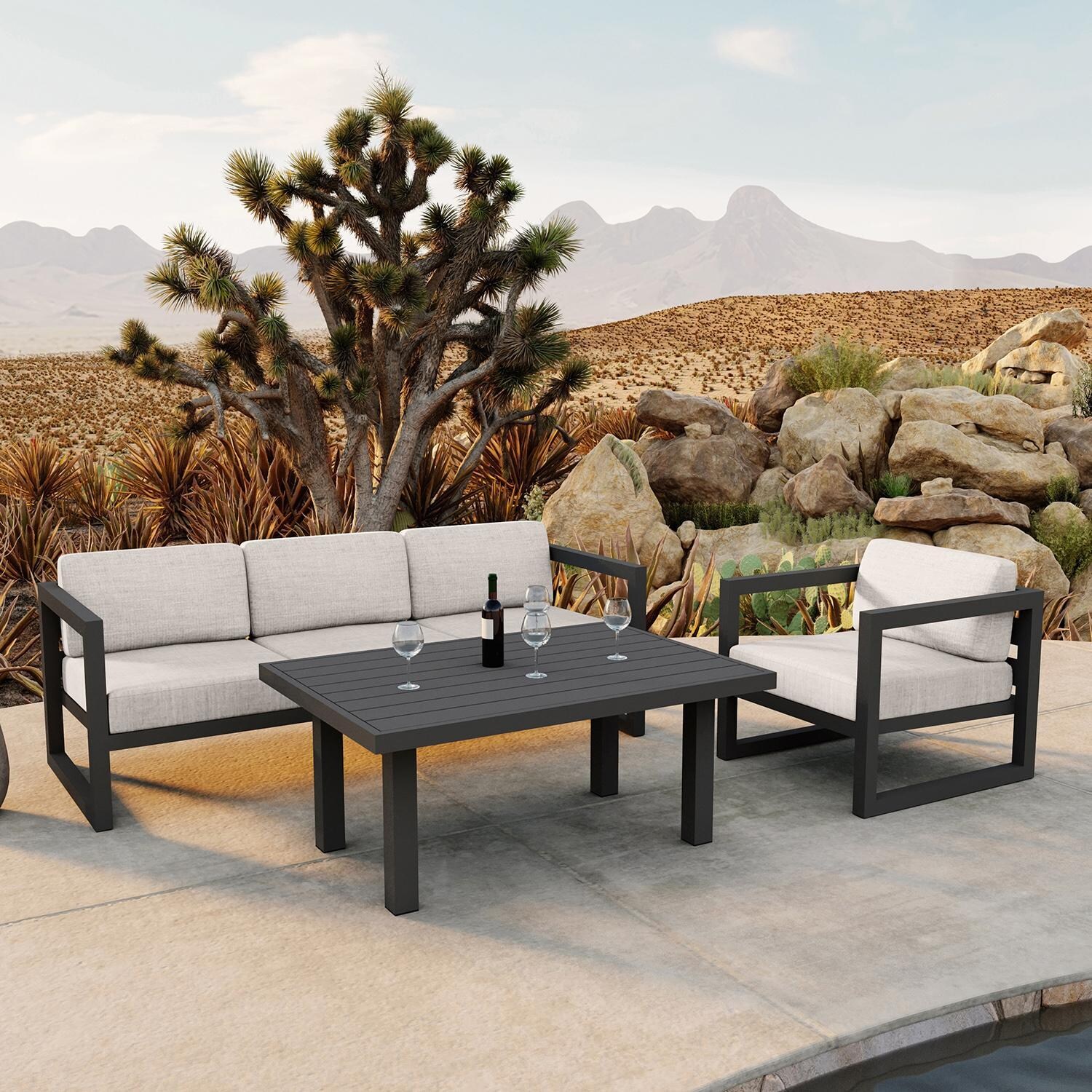 Misty Cove 3 Piece Seating Set in Slate w/Chat Table & Cast Silver Cushions by Lakeview - Lifestyle thumbnail