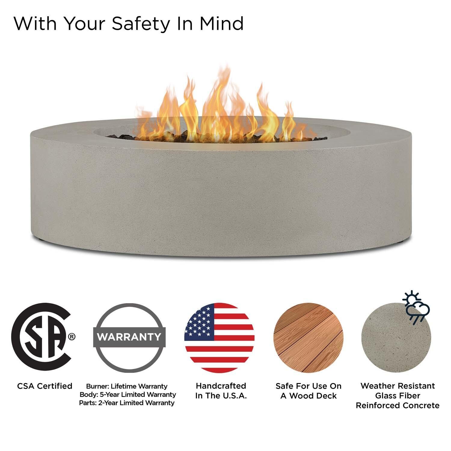 Hillview Bay 43 Inch Round Glass Fiber Reinforced Concrete Propane Fire Pit Table in Flint by BBQGuys Signature - Safety thumbnail