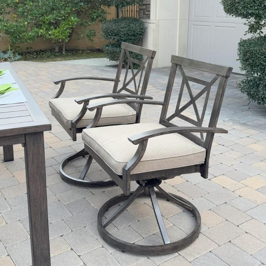 Atlantis Aluminum Swivel Rocker Set of 2 w/ Beige Cushions in Walnut By Darlee - Chairs From Left - Lifestyle thumbnail