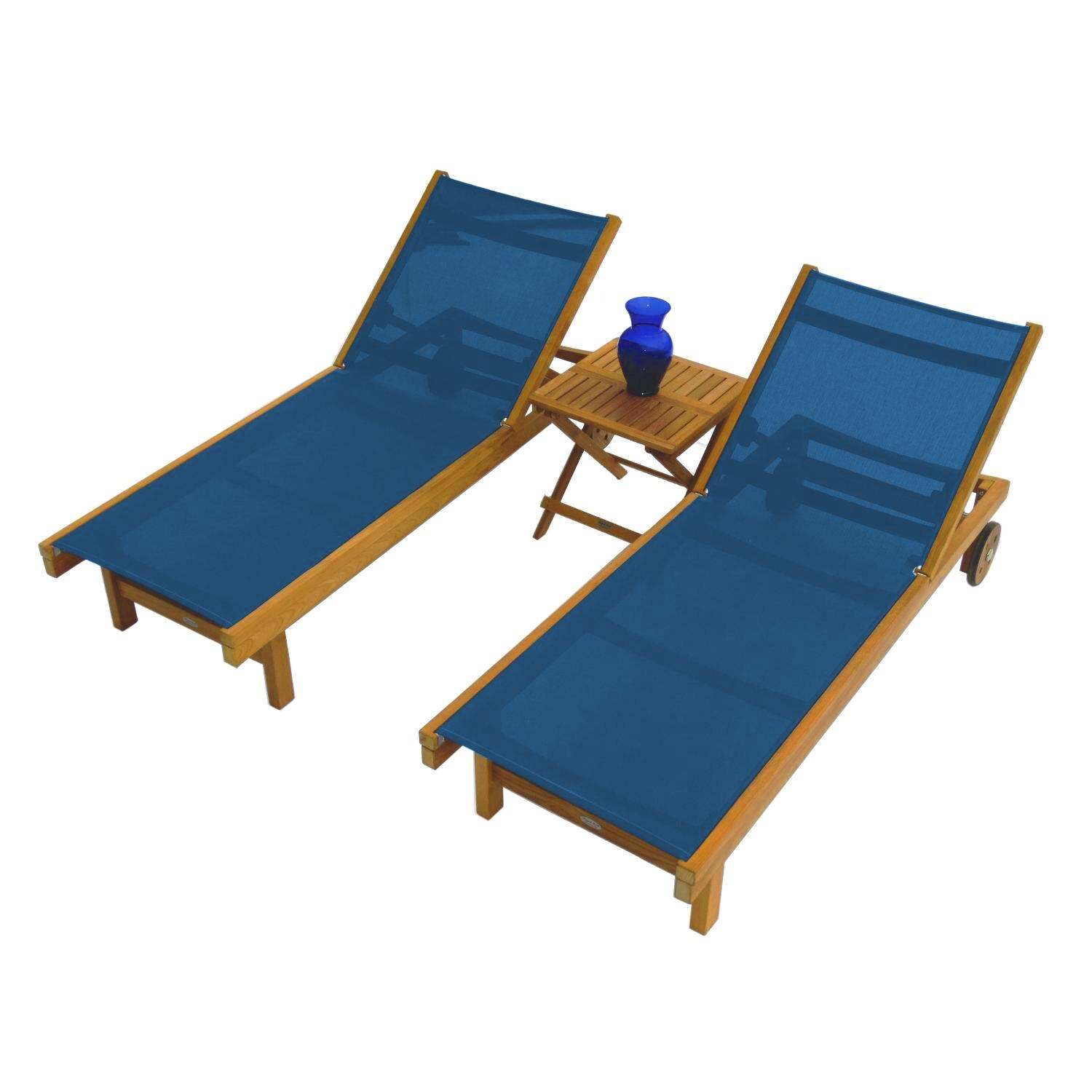 Royal Teak Collection 3 Piece Sundaze Teak Patio Chaise Lounge Set W/ 20 Inch Square Folding Side Table - Navy Sling thumbnail