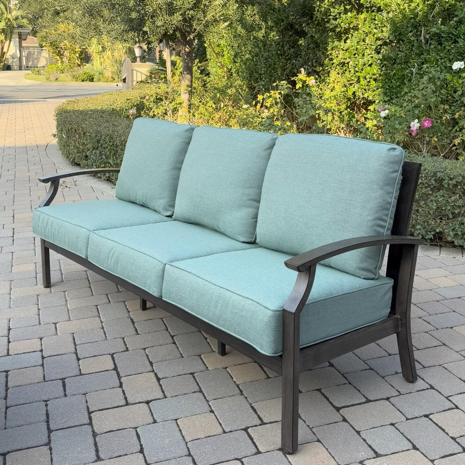 Atlantis 6 Pc Aluminum Fire Pit Seating Set w/ 2 Club Chairs, 2 Ottomans & Sofa in Walnut/Spa by Darlee - Sofa Angled - Lifestyle thumbnail