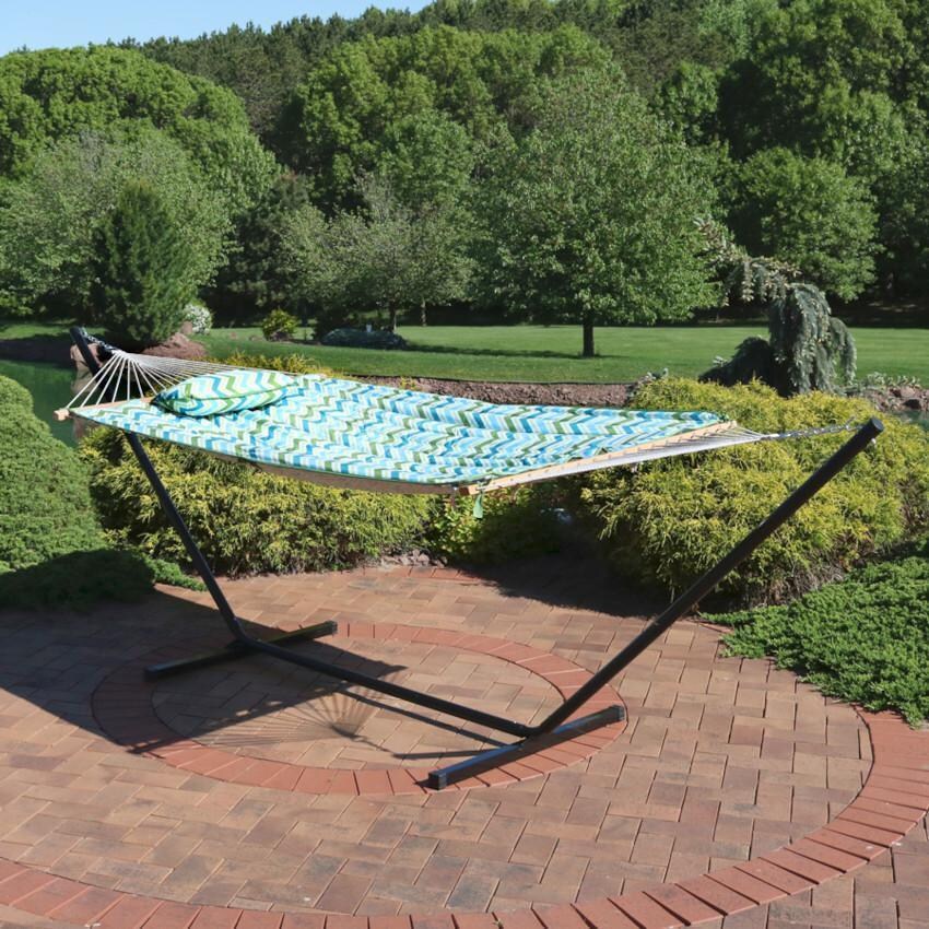 Ultimate Patio Rope Hammock w/ 12-Foot Stand, Pad, & Pillow - Blue & Green Chevron - On Patio - Lifestyle thumbnail