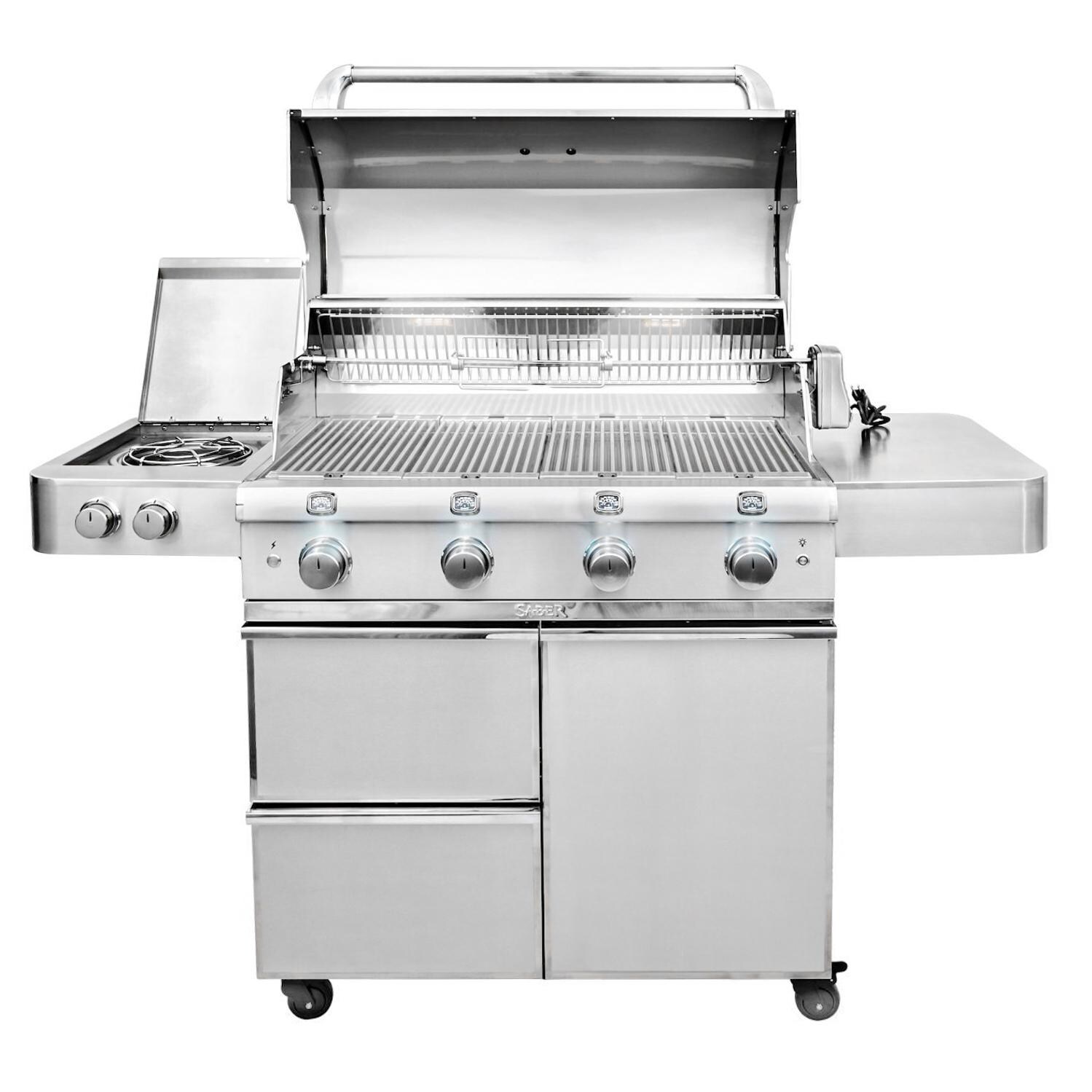 Saber Elite 1670 40-Inch 4-Burner Freestanding Infrared Propane Gas Grill With Side Burner - Open View With Halogen Lights On thumbnail