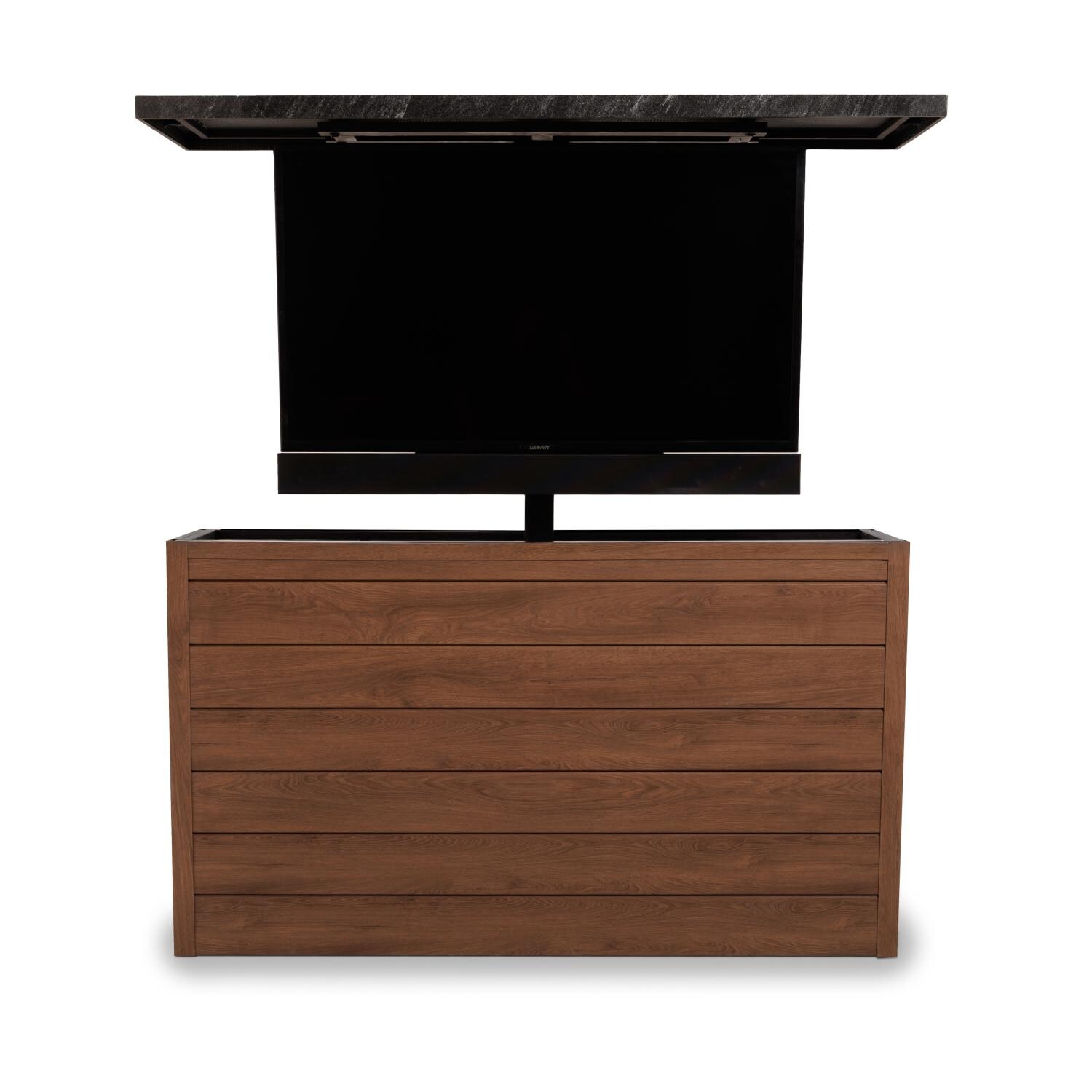 BBQGuys Signature 72 Inch 360 Degree Swivel Outdoor TV Lift Cabinet | Chai Cedar w/ Black Granite - Open (Shown in Toffee) - White Background thumbnail