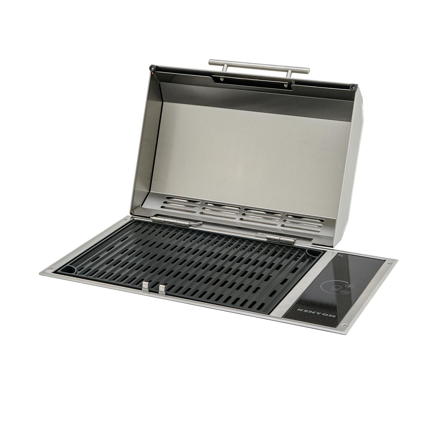 Kenyon B70050 120V All Seasons Frontier Built-In 1300 Watt Electric Grill - Angled Hood Open thumbnail