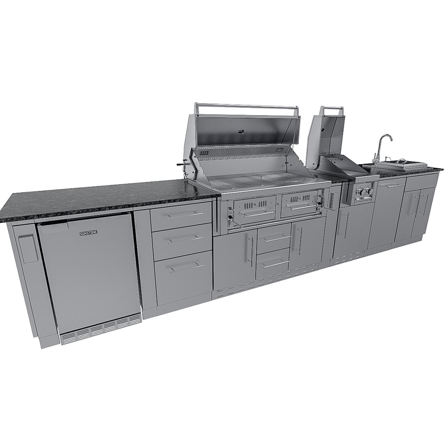 Sunstone Grills SCPDALLAS14-NG Dallas 14 Ft Outdoor Kitchen Island w/ Natural Gas Grill & Side Burner, Sink, Refrigerator, Trash Bin, Door & Drawer - Angle Grill Open - White Background thumbnail