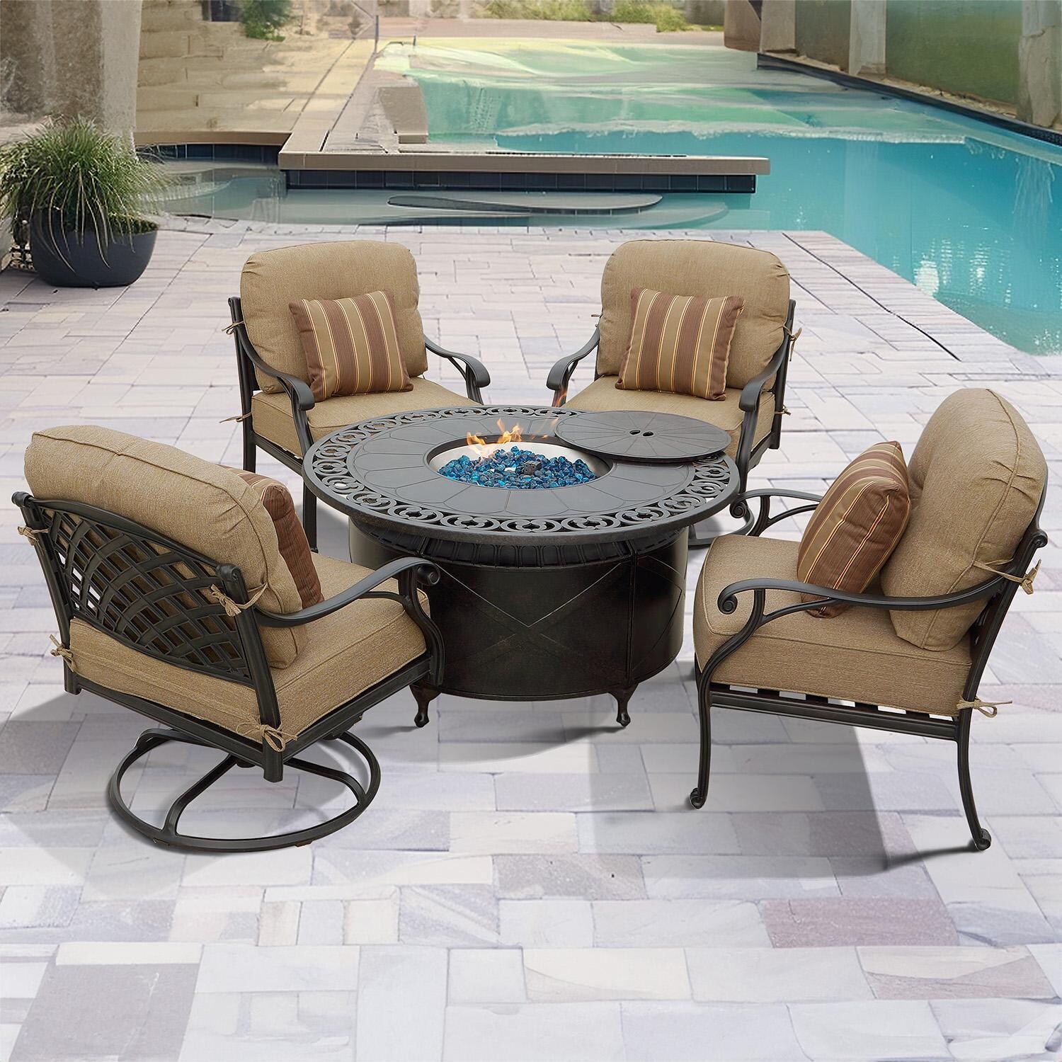 Nassau 5 Pc Cast Aluminum Fire Pit Seating Set w/ 47 Inch Table w/ 2 Swivel Rockers & Throw Pillows in Antique Bronze/Sesame by Darlee