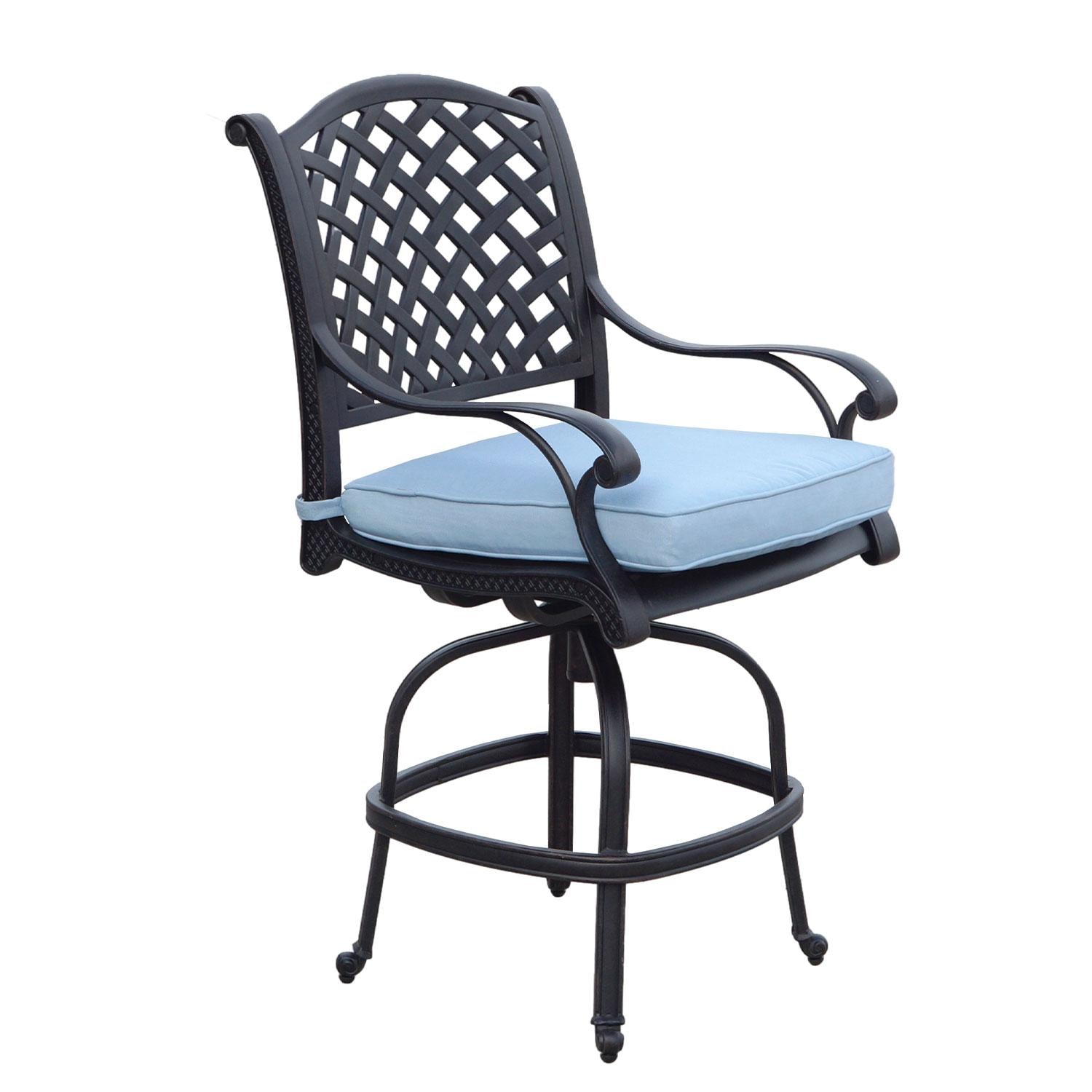 Nassau Cast Aluminum 4 Pc Set Swivel Counter Height Bar Stool Set in Antique Bronze/Sky Blue by Darlee - White Background thumbnail