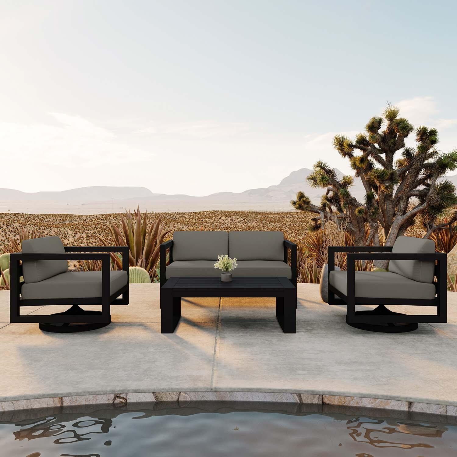 Misty Cove 4 Pc Aluminum Loveseat Seating Set w/ Swivel Chairs in Black/Canvas Charcoal by Lakeview Outdoor Designs
