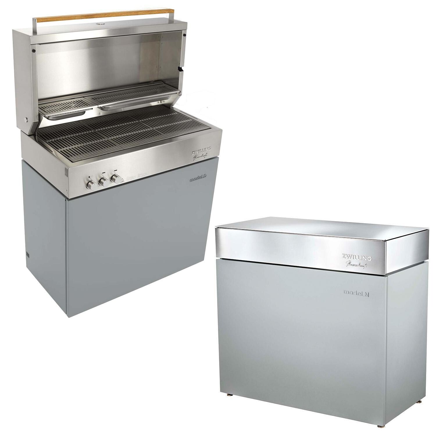 Flammkraft 1029485 Model D Freestanding Grill & Model M Prep Center Module - Light Grey - White Background thumbnail