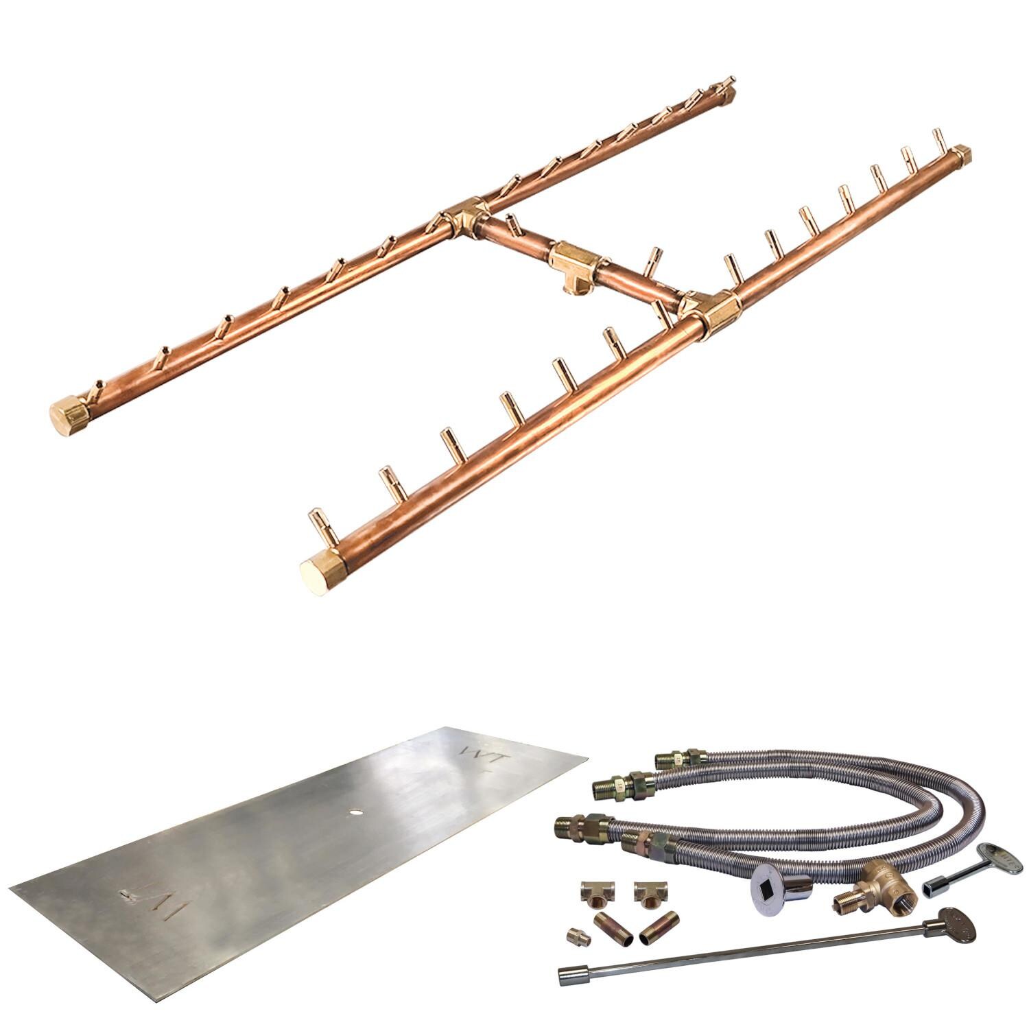 Warming Trends 56 X 25-Inch Linear Natural Gas Fire Pit Burner Kit W/ 42 X 14-Inch H-Style CROSSFIRE Brass Burner - Match Light Ignition - CFBH300NGALPL5625FK2
