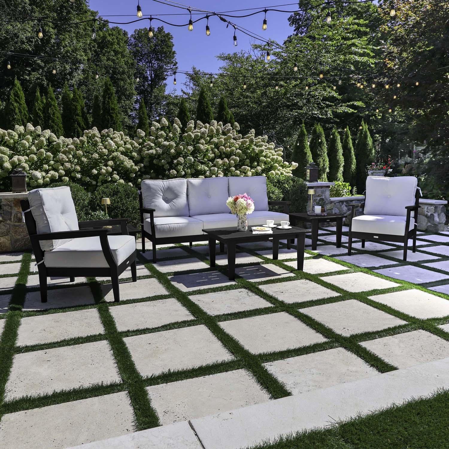 Blushing Bay 6 Pc Recycled Plastic Seating Set w/ Sofa in Bliss Linen/Black by Lakeview Outdoor Designs
