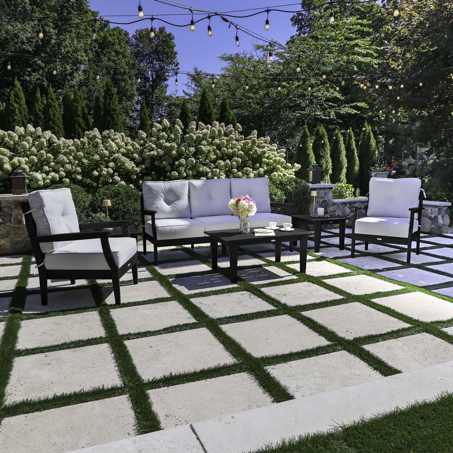 Blushing Bay 6 Pc Recycled Plastic Seating Set w/ Sofa in Bliss Linen/Black by Lakeview Outdoor Designs